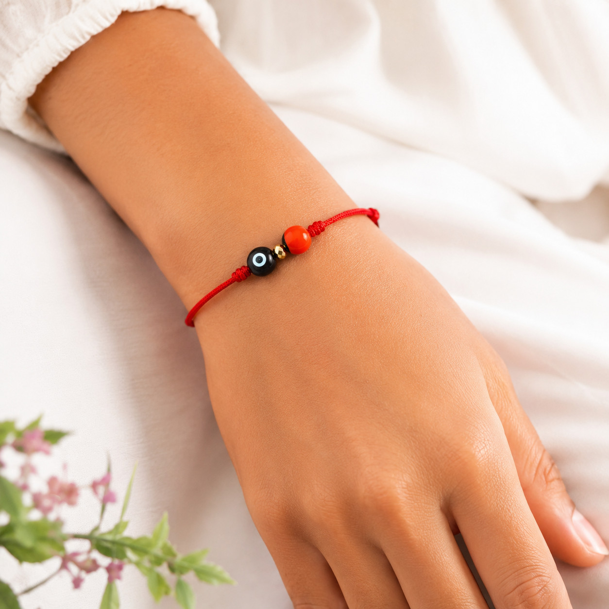 Red String Bracelet with Turkish Evil Eye & Peony Seed Charm – Adjustable Protec