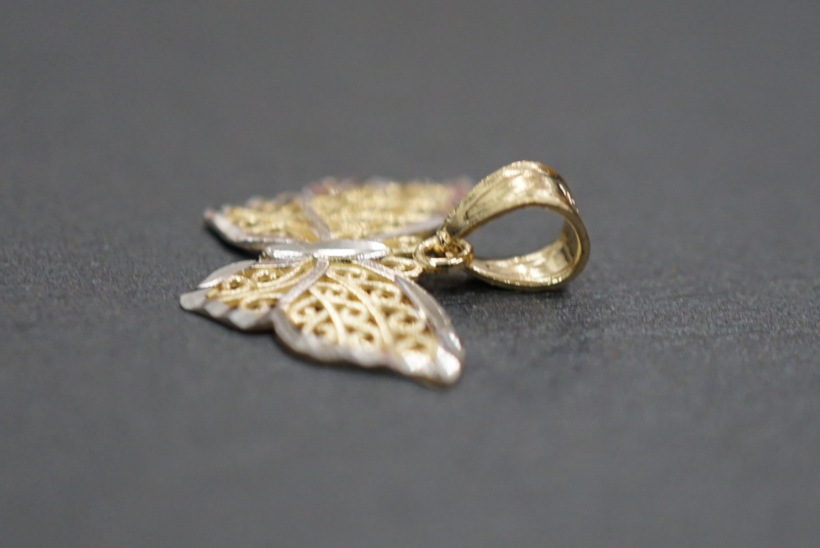 14K Solid Yellow Gold 0.5″ Two Tone Diamond-Cut Butterfly Pendant!! (#0405734)