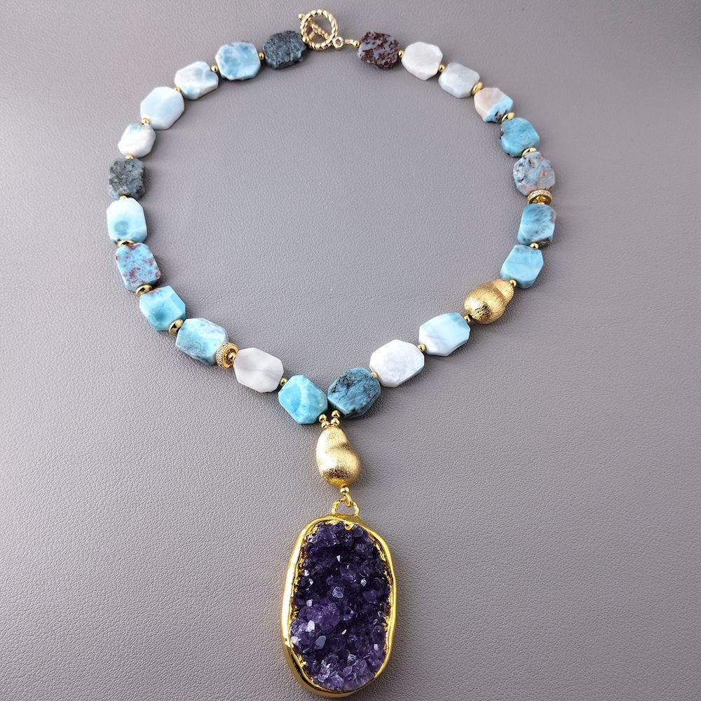 Natural Stones Larimar Amethyst Druzy Pendant Necklace Beaded Designer