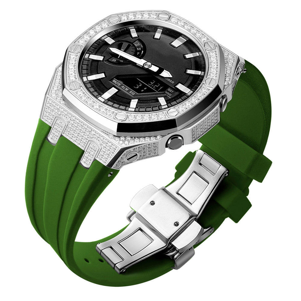 Bling Diamond Stainless Steel Case + Rubber Strap AP MOD KIT for G-SHOCK GA-2100