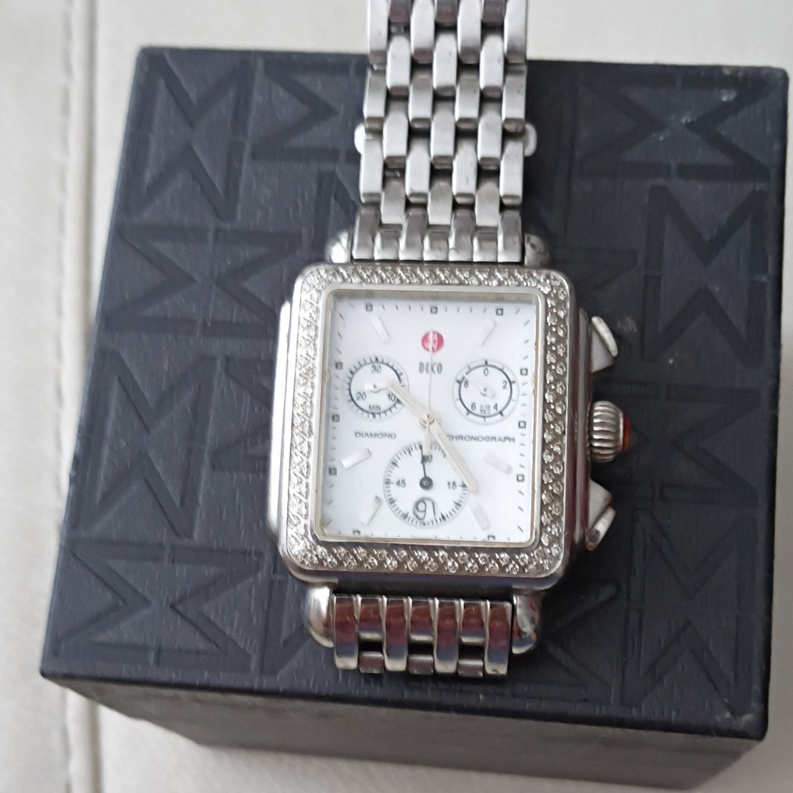 MICHELE Deco Diamond Bezel Chronograph Quartz White Dial 5 ATM SS Bracelet