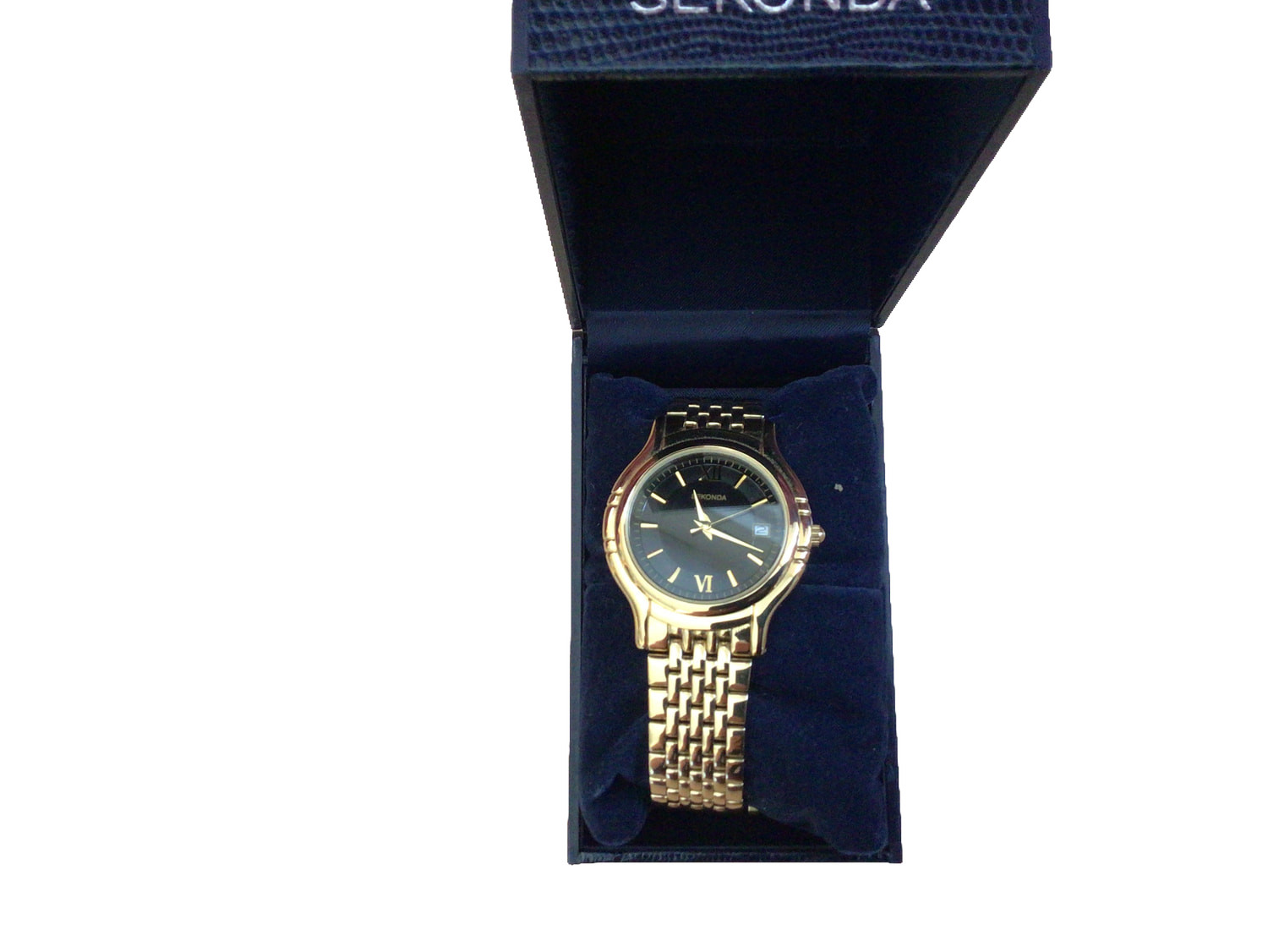 Sekonda Watch Gold Black Dial Roman Numeral Analogue Date Bracelet Box
