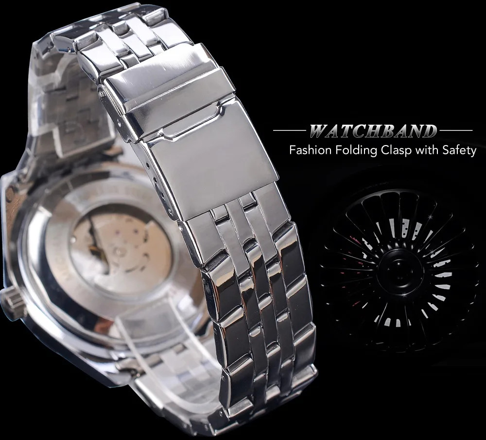 Jaragar Blue Glass Design Black Silver Automatic Watch Stainless Steel Date…