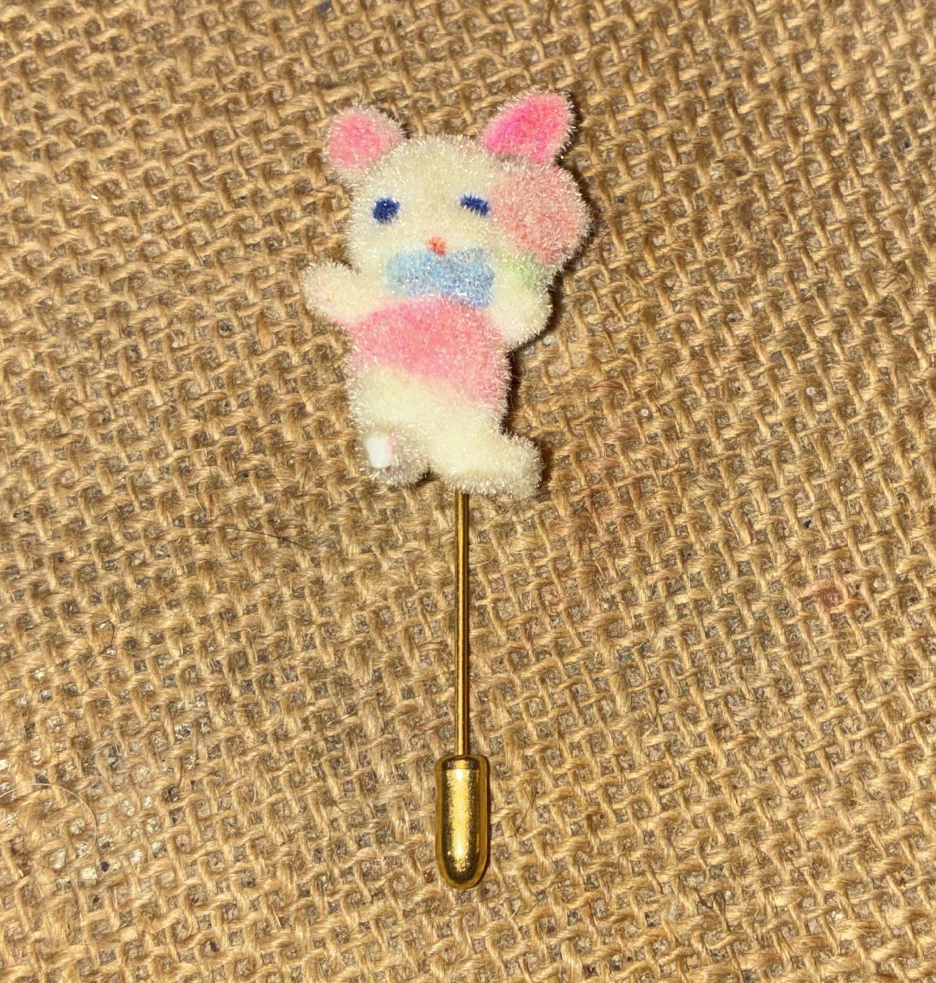 Pink & White Bunny Rabbit Stick Pin Lapel Hat Pin Fabric Metal