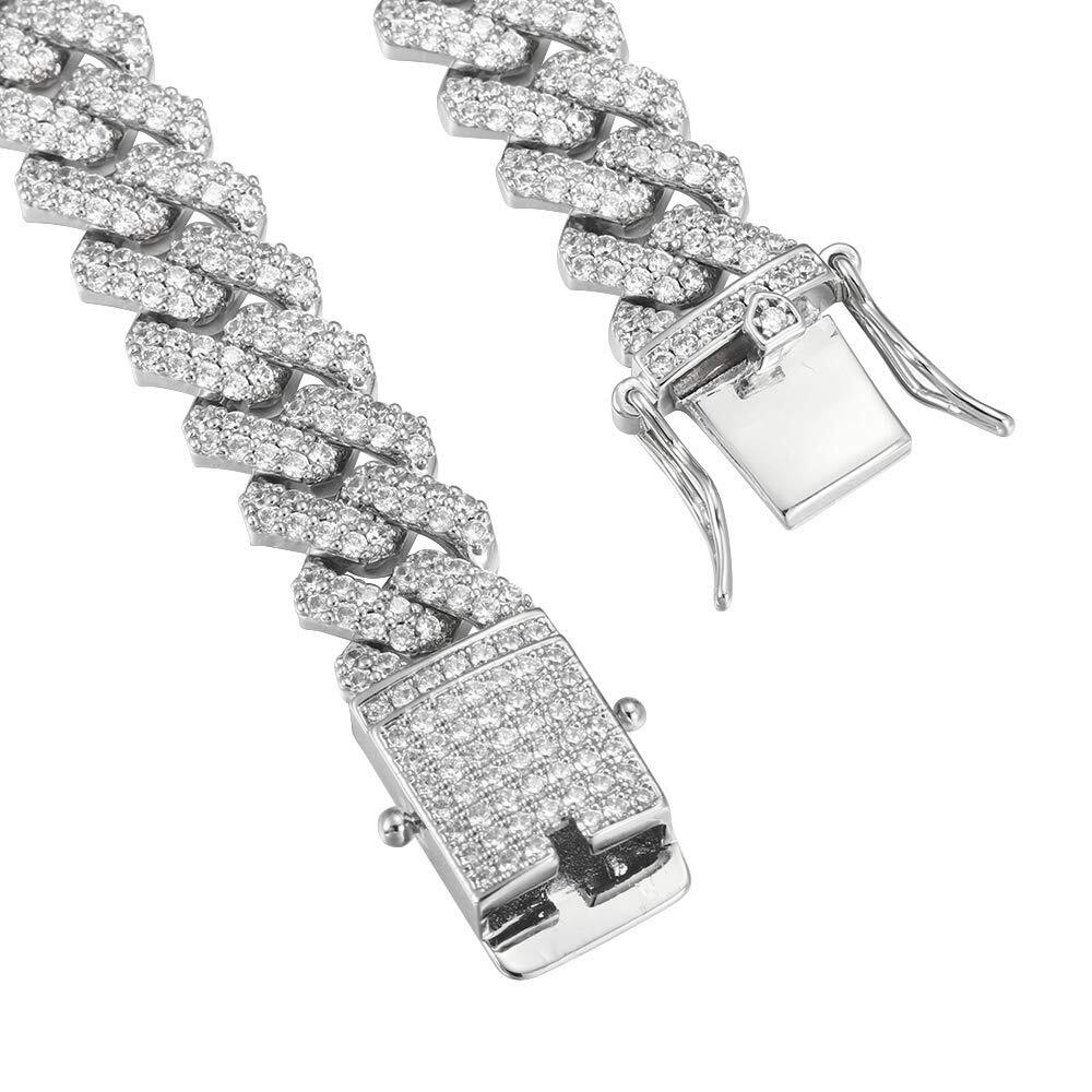 White Gold Plated Iced CZ Out Stainless Steel Miami Cuban Link Bracelet Or Chain