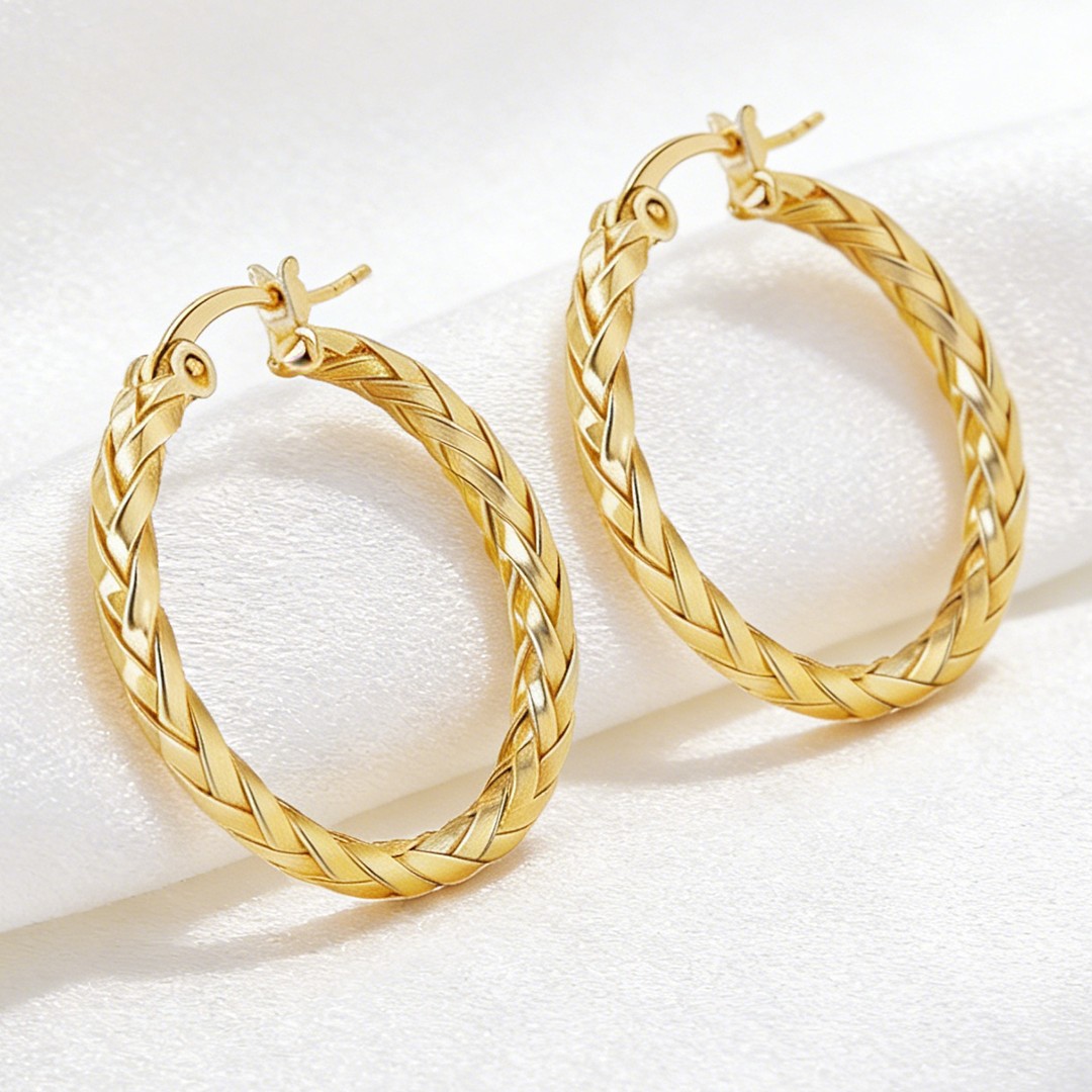 14K Gold Earrings for Women Weave Design Hoop Earrings Classic Earring 30MM