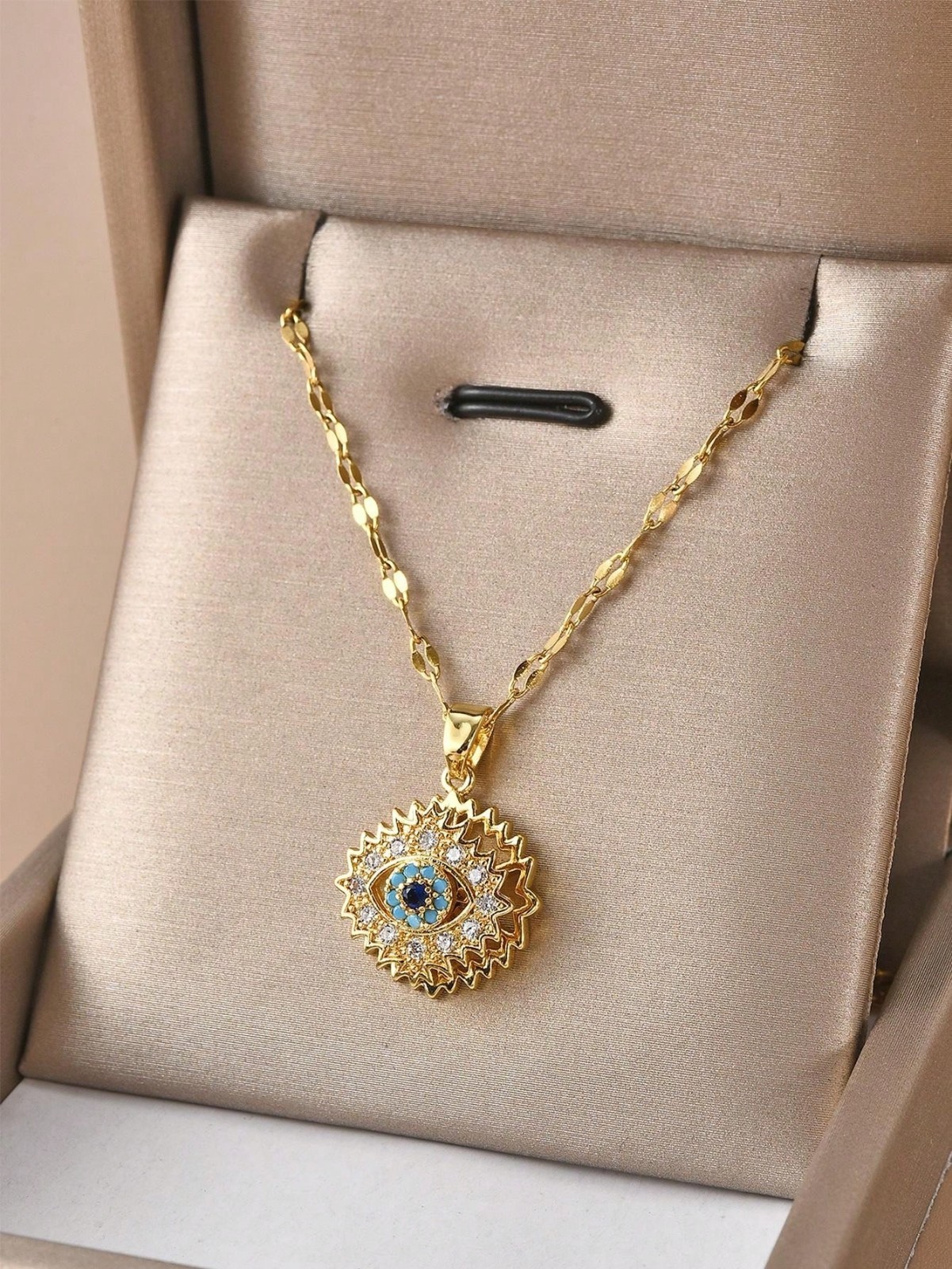 Evil Eye Sunburst Pendant Necklace Gold Tone Stainless Steel Women Boho Jewelry