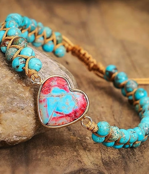 2025HOT!Natural Turquoise Stone Beaded Jasper Gemstone Heart Charm Bracelet Gift