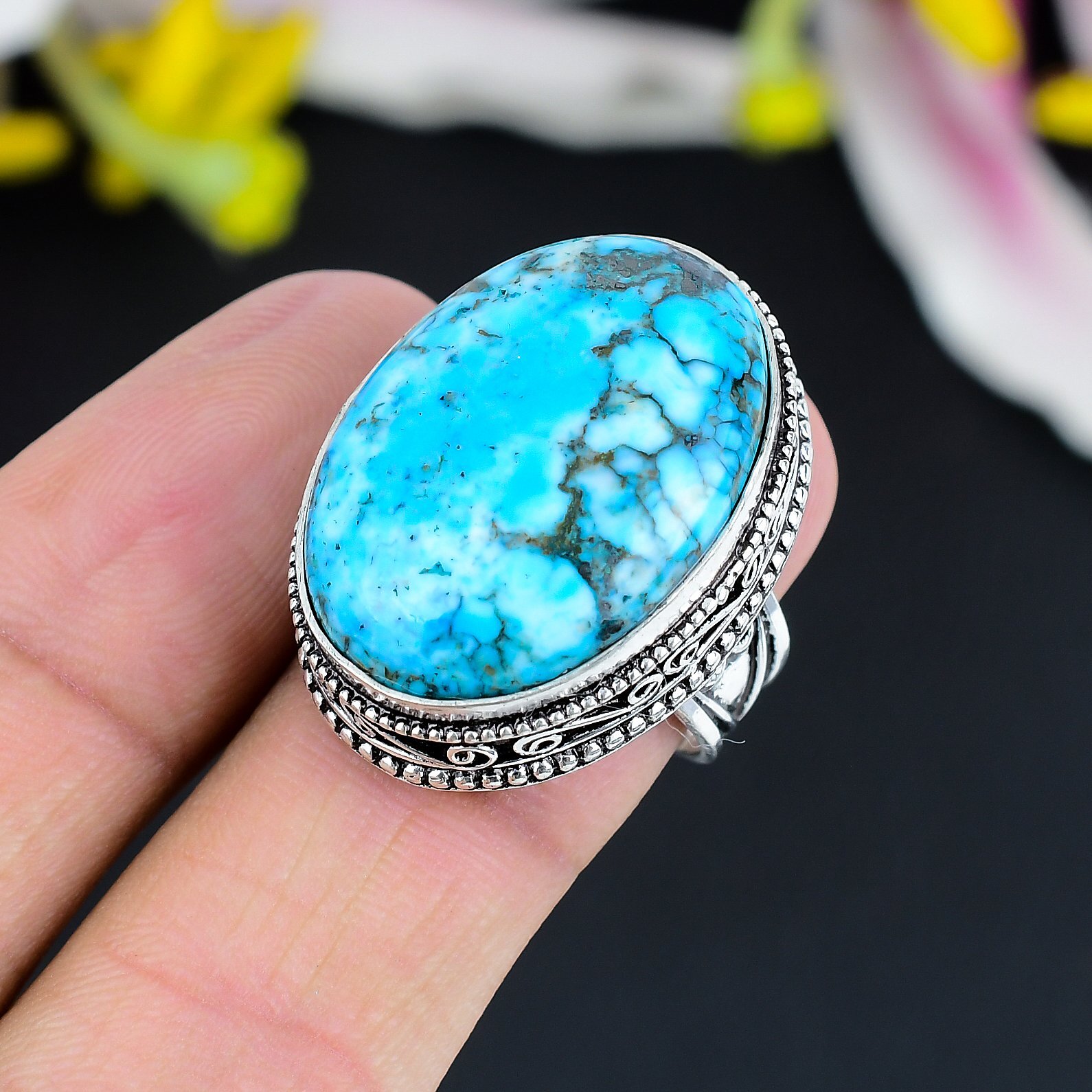 Tibetan Turquoise Gemstone Handmade 925 Sterling Silver Ring Bohemian Jewelry