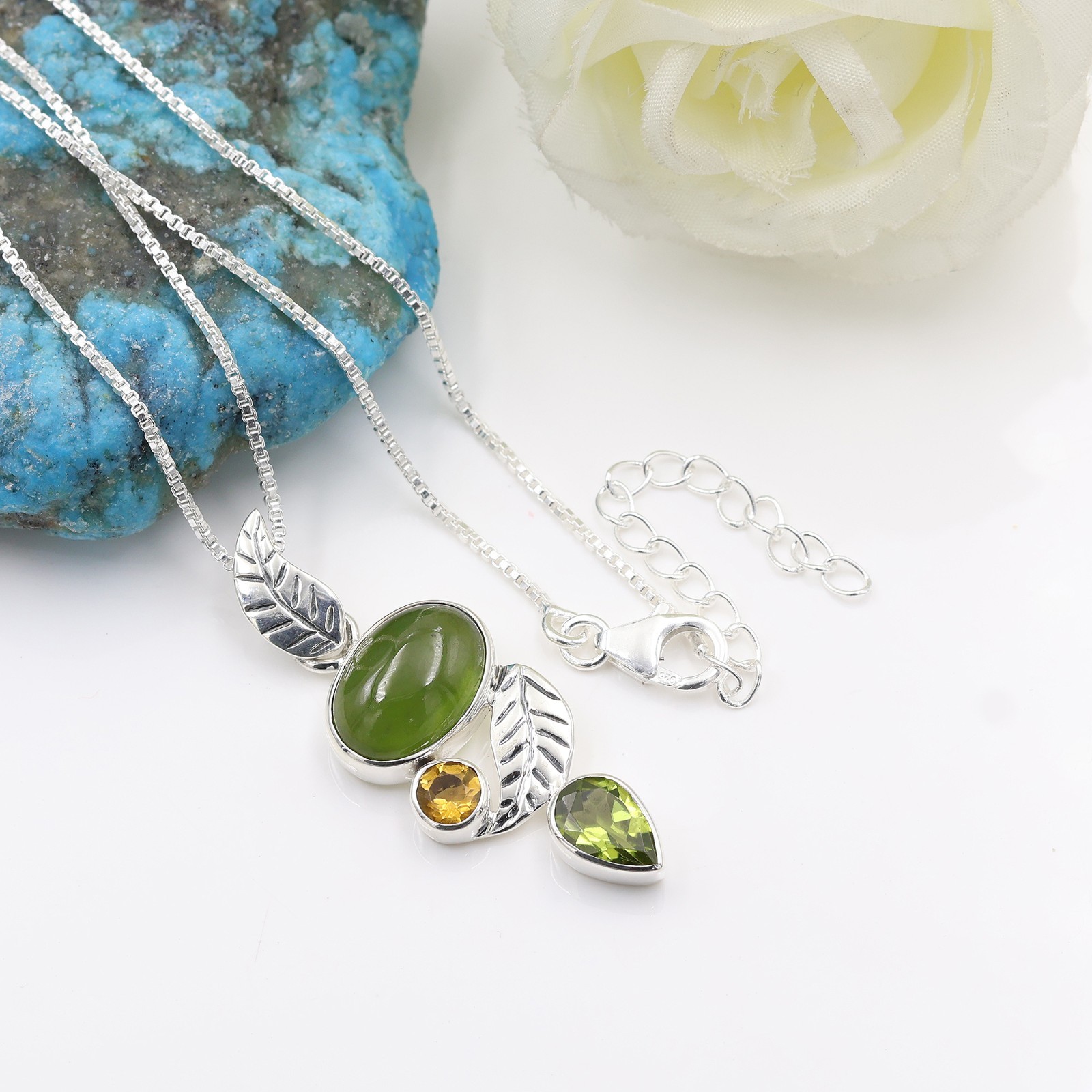 Peridot Leaf Necklace 925 Sterling Silver Gemstone Pendant for Women Gift