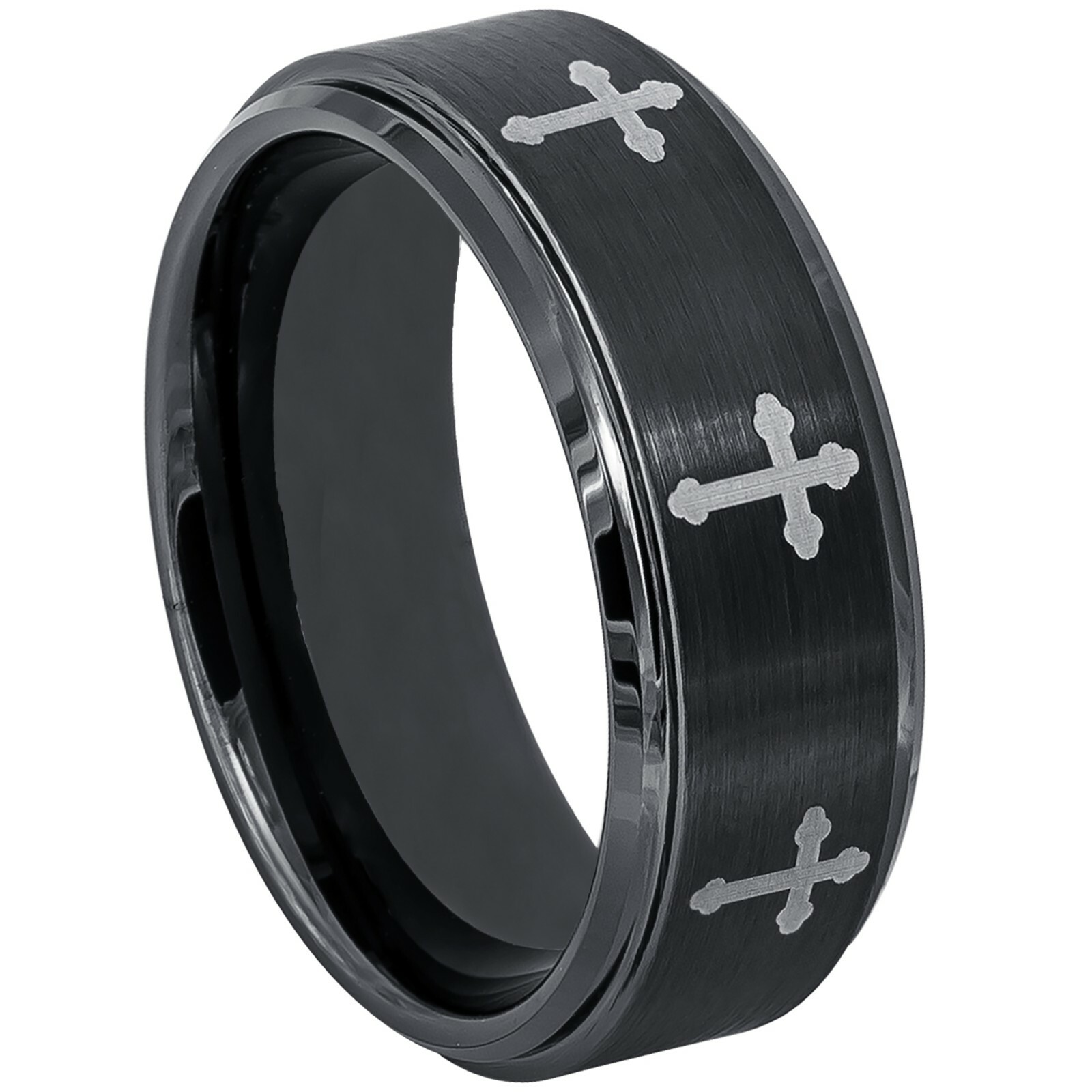 Tungsten Ring Black Ion Plated with 8 Laser Engraved Crosses 8mm Wedding Unisex
