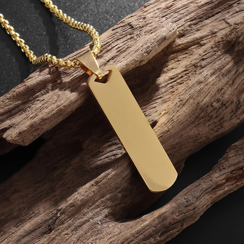 Stainless Steel Glossy Engravable Rectangular Pendant Necklace for Men Fashion S