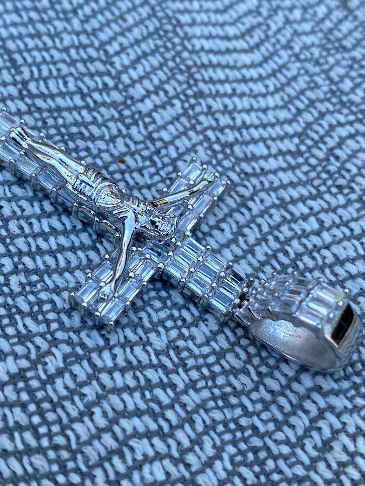 Solid 925 Sterling Silver Cross W. Jesus Pendant Baguette Iced CZ Necklace Big