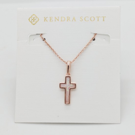 New Kendra Scott Cross Rose Gold Pendant Necklace in White Opal