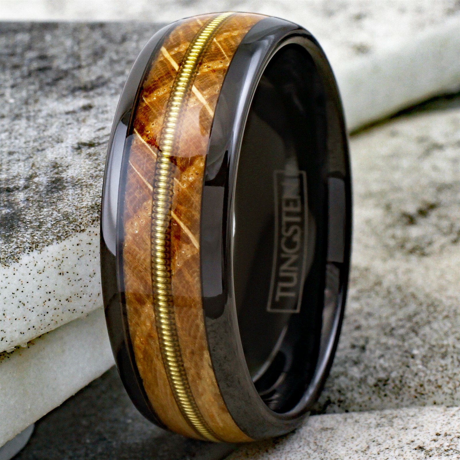 Engraved 8mm Black Tungsten Whiskey Barrel Wood w/ Guitar String Men’s Band Ring