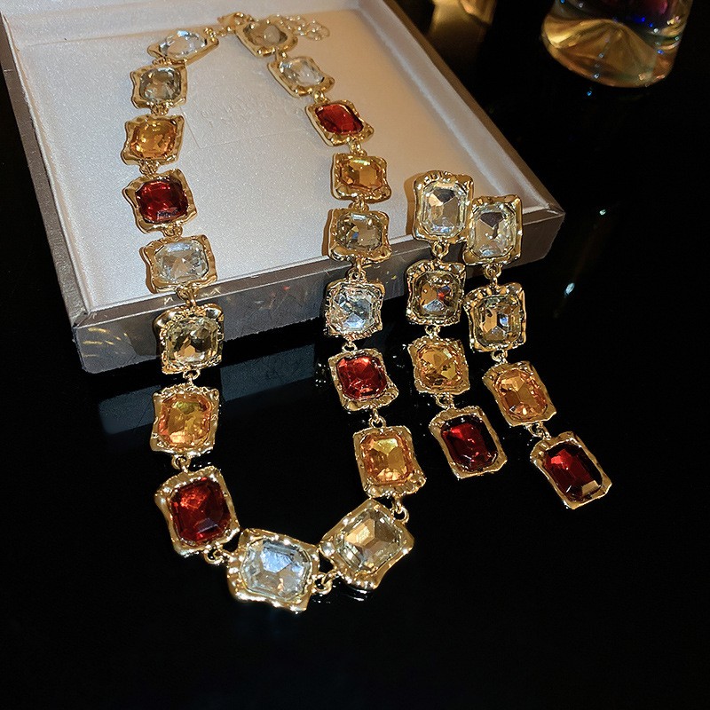 Vintage Multicolor Crystal Necklace & Drop Earrings Set Statement Jewelry