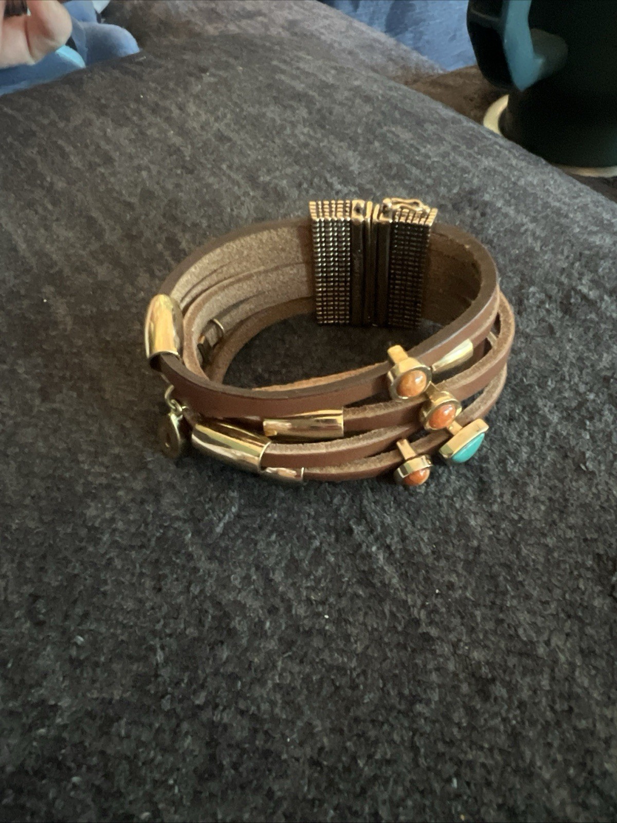 Barse Brown Leather Wrap Charm Bracelet Magnetic Closure Dangle Charms Signed