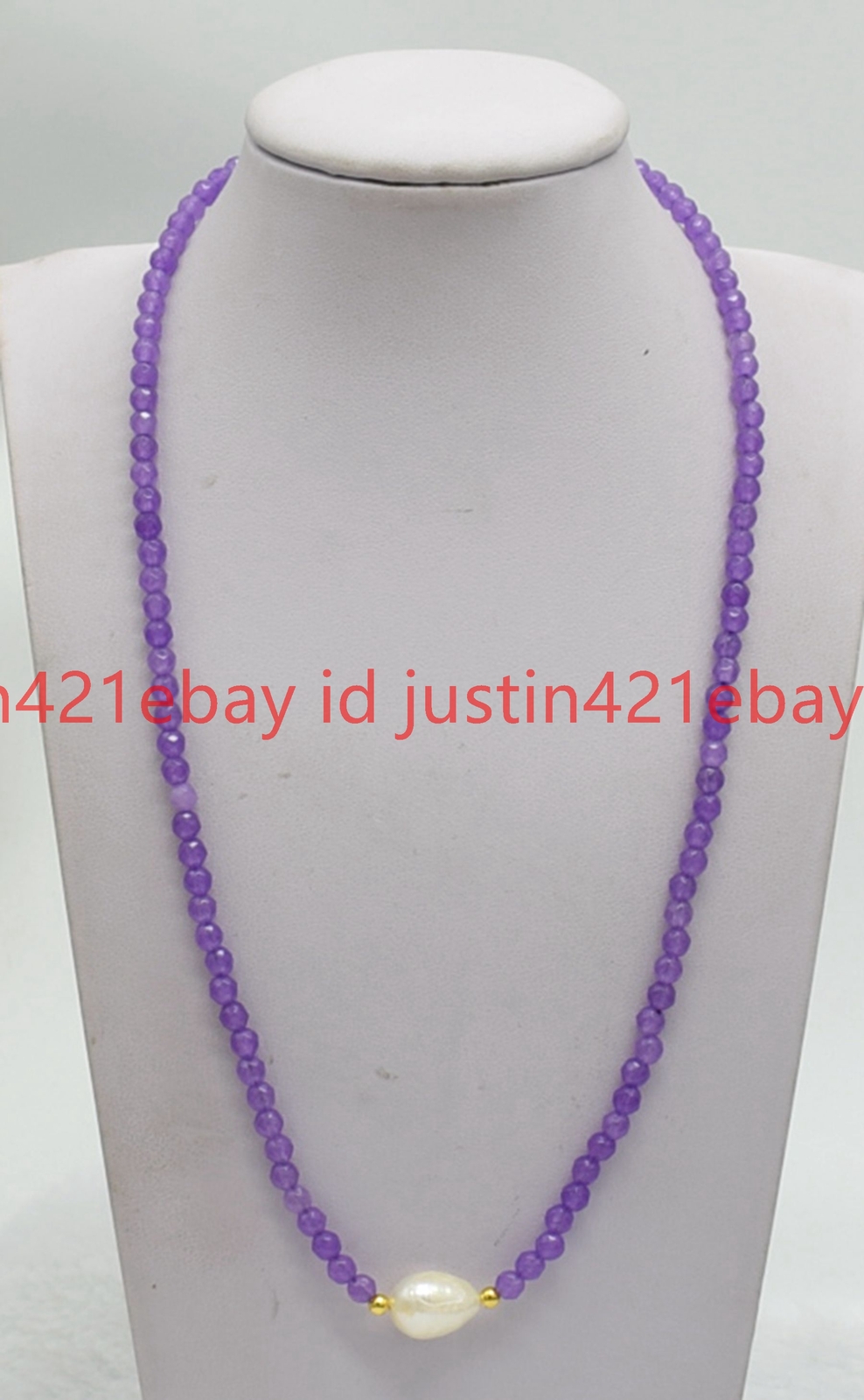 4mm Faceted Lavender Jade Round Gemstone & 11-12mm White Baroque Pearl Necklace