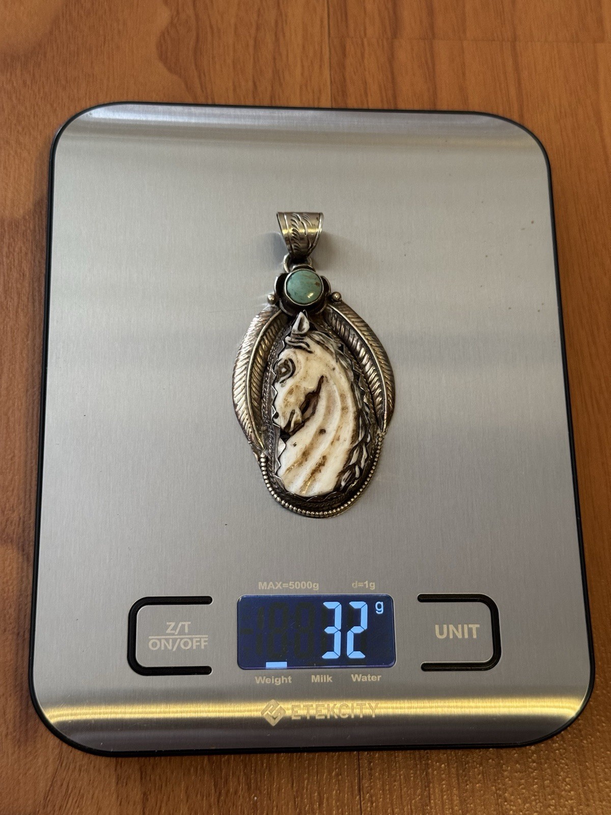Hand Carved Bone Pendant,Horse Face Art,Floral Carving Back,Turquoise,Silver 32g