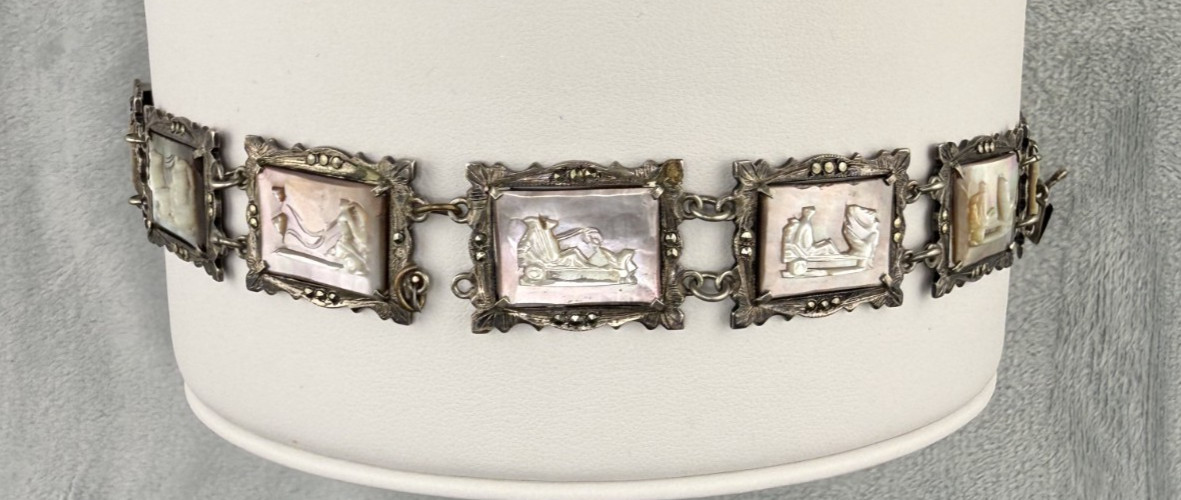 Vintage 800 Silver Carved Mother Of Pearl Bracelet Storyteller Roman Gods READ