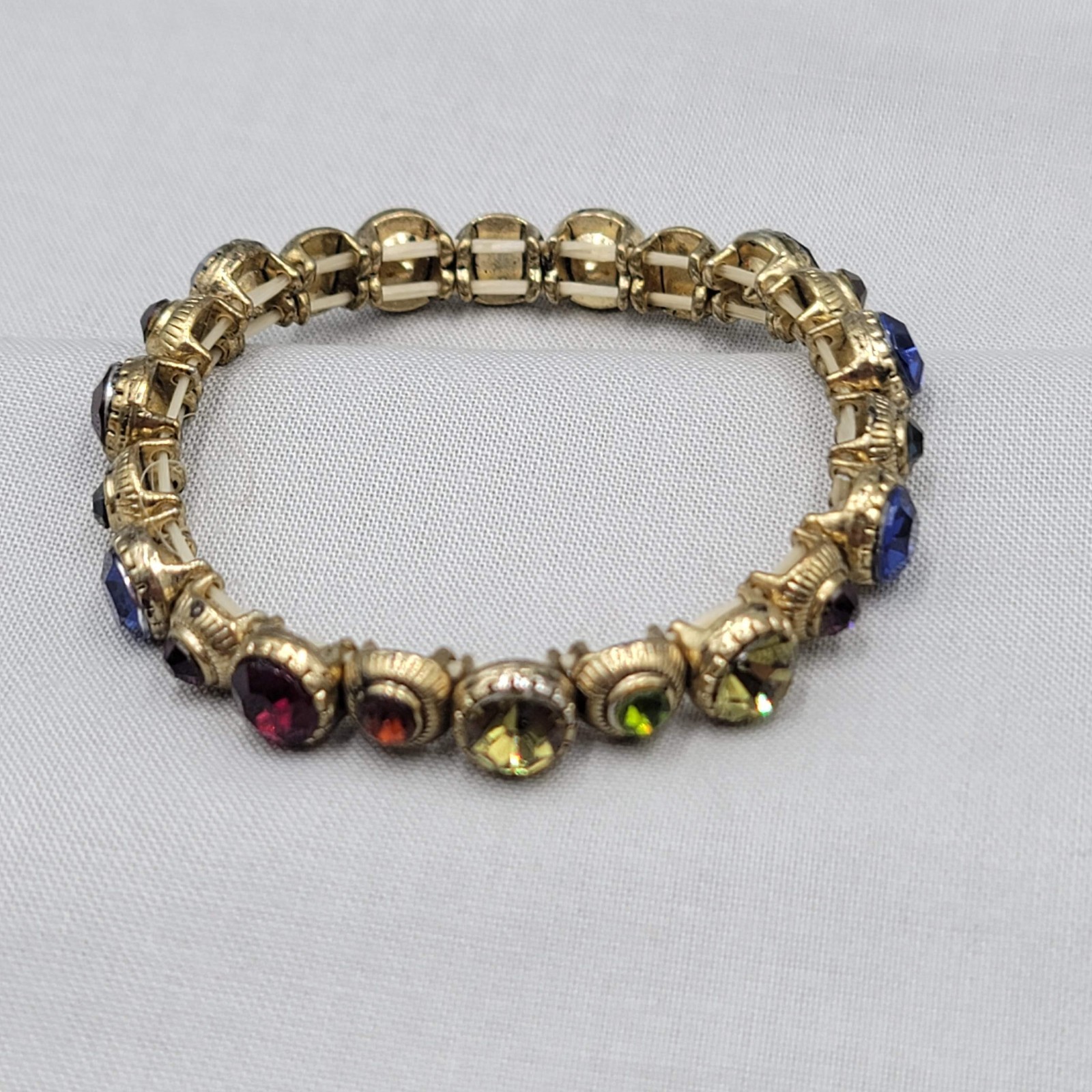 Multicolor Round Rhinestone Bracelet Gold tone Elastic 6.5 in