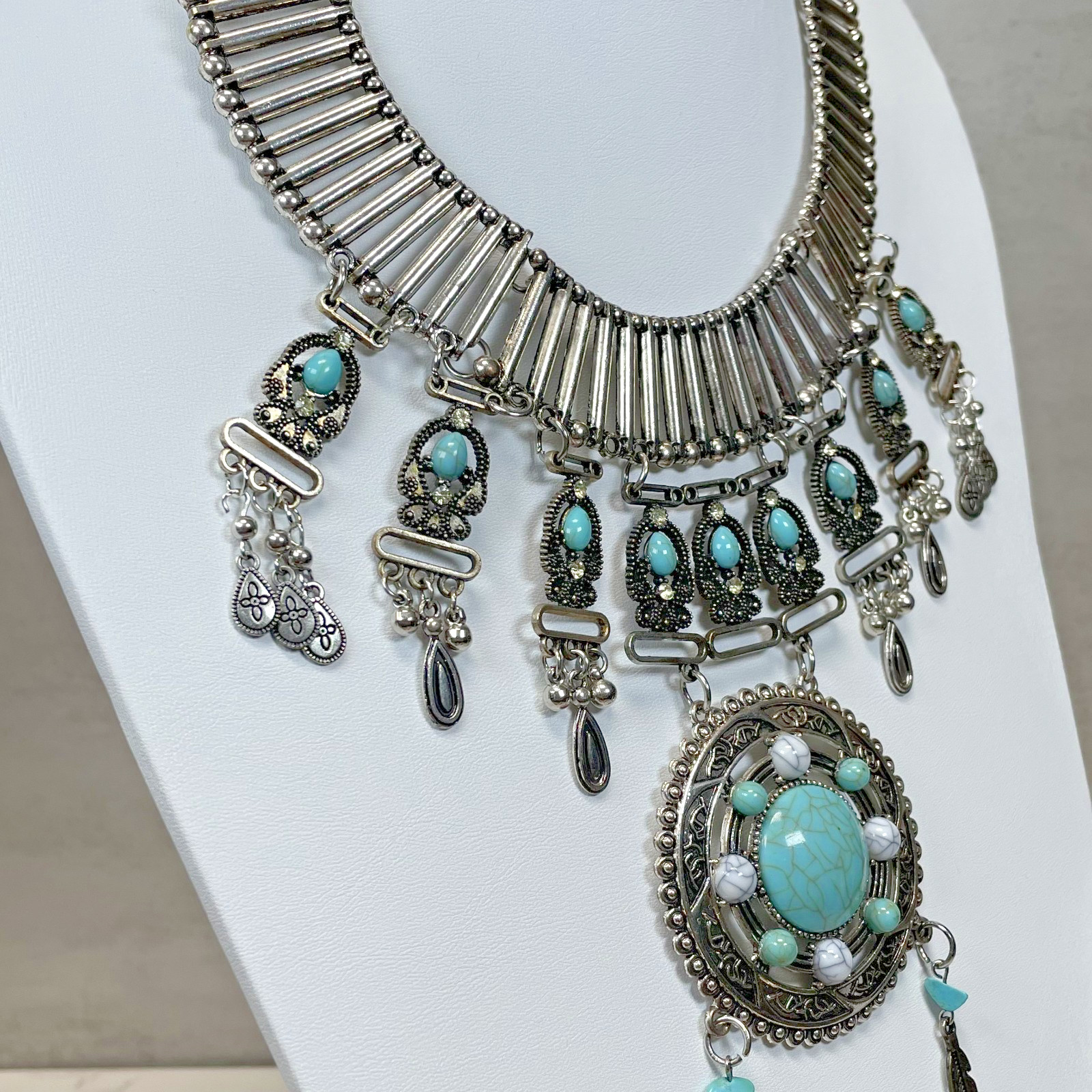 Silver Tone Faux Turquoise Matrix Statement Necklace Feather Bead Southwestern