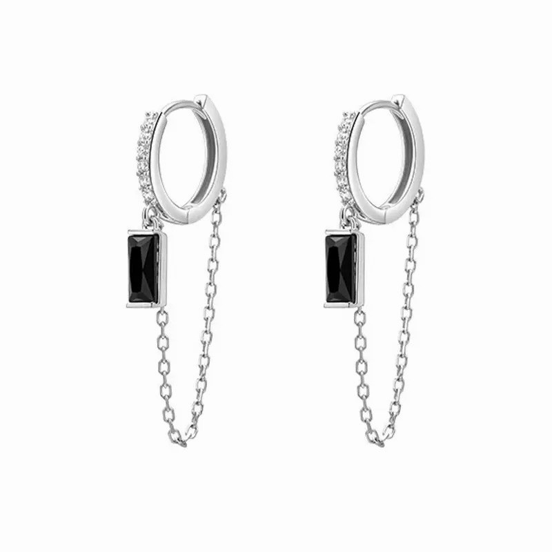 Black Crystal Chain Hoop Earrings for women girls 925 Silver Dangle 291
