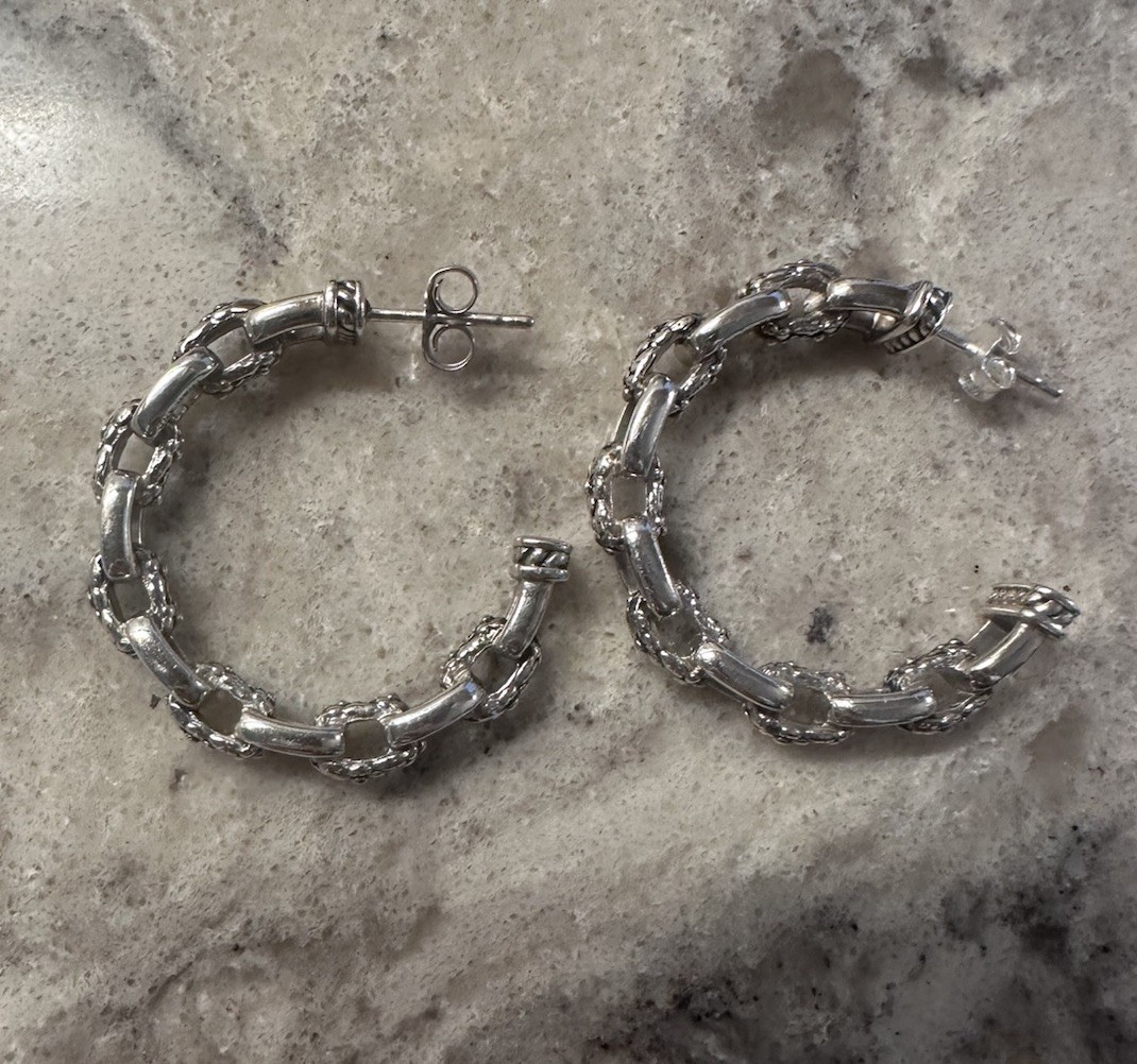 JAI Sterling Silver Link & Box Chain Hoop Earrings 1”