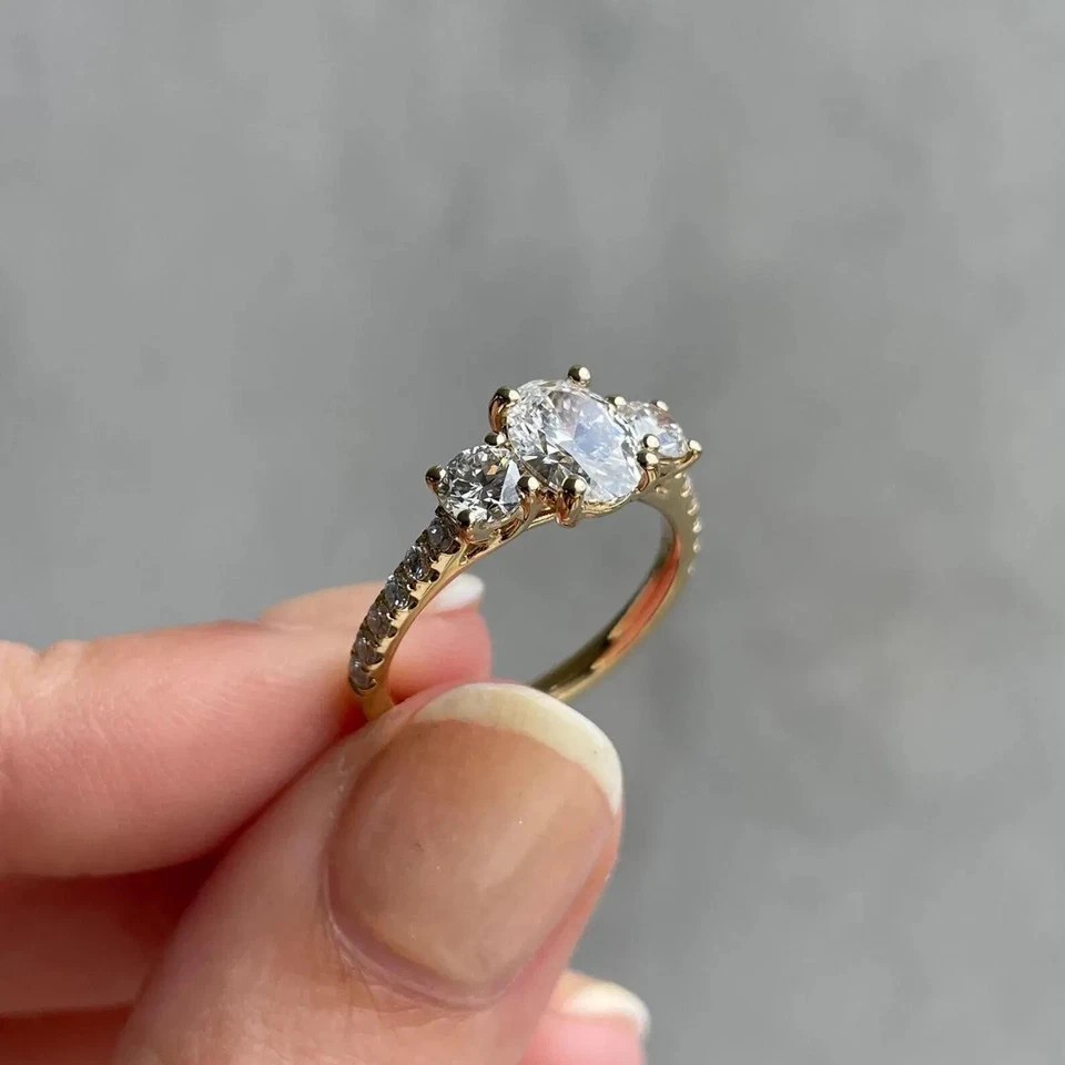 2.50 Ct Oval Cut Moissanite Three Stone Wedding Ring 14k Yellow Gold Plated