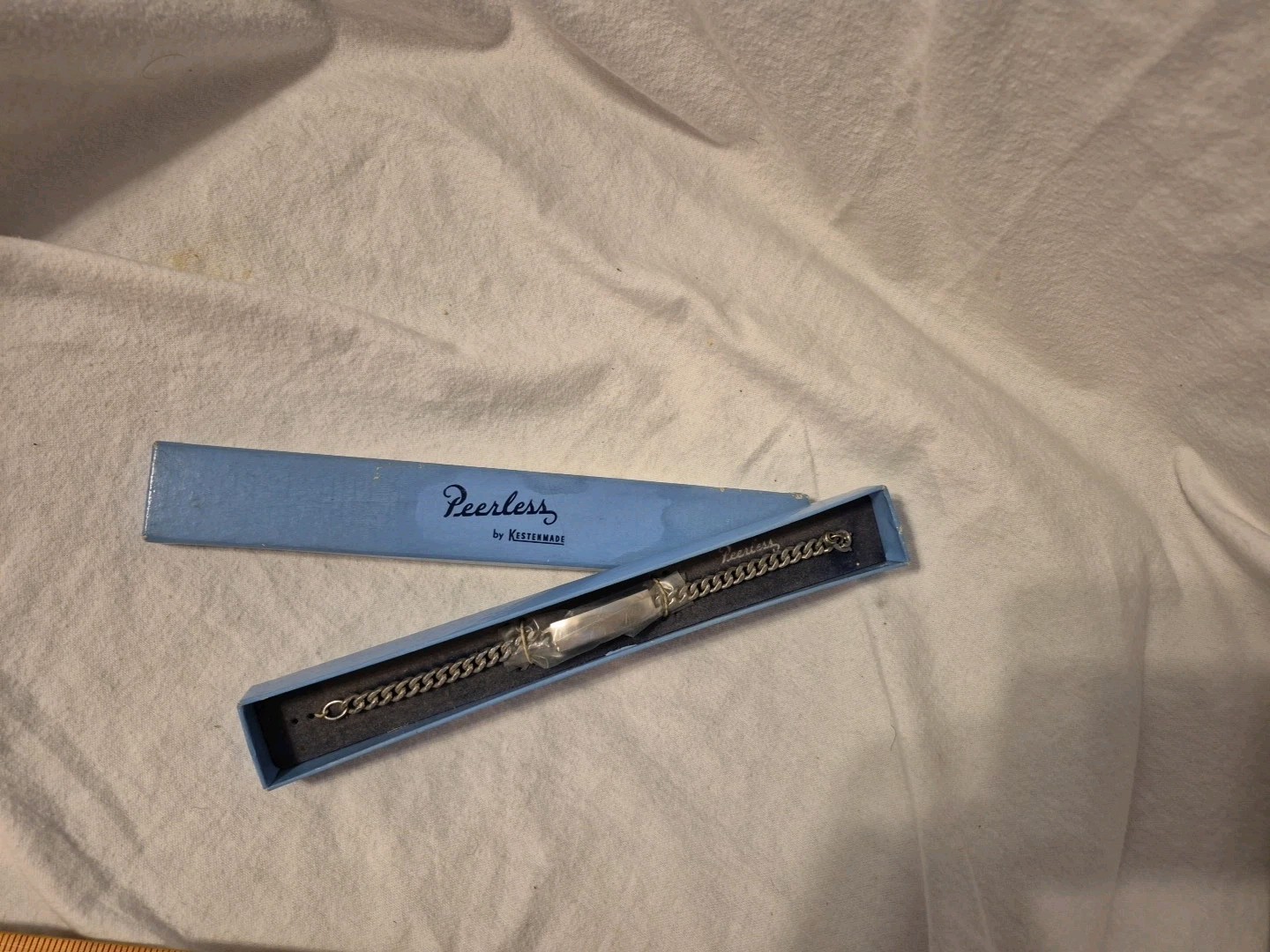 VTG PEERLESS SILVERPLATE ID BRACELET NEVER REMOVED FROM BOX READY FOR ENGRAVING