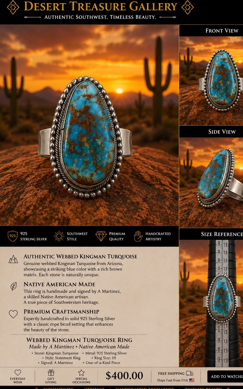 Navajo Web Kingman Turquoise Statement Adj Ring SS 925 Signed A Martinez Native