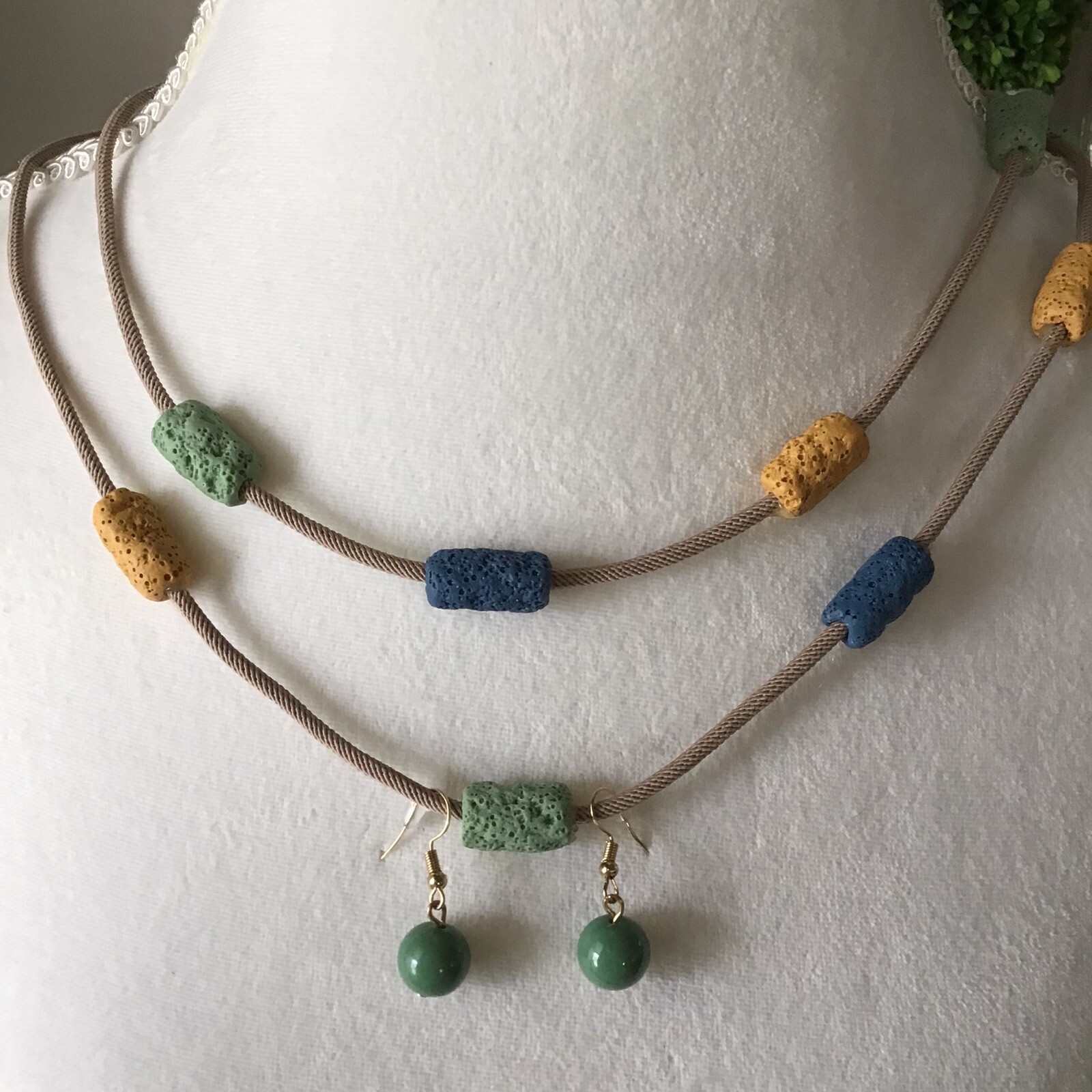 Lava Bead Tube Bead Necklace Earrings SET 2-Strand Boho Blue Green Gold NEW