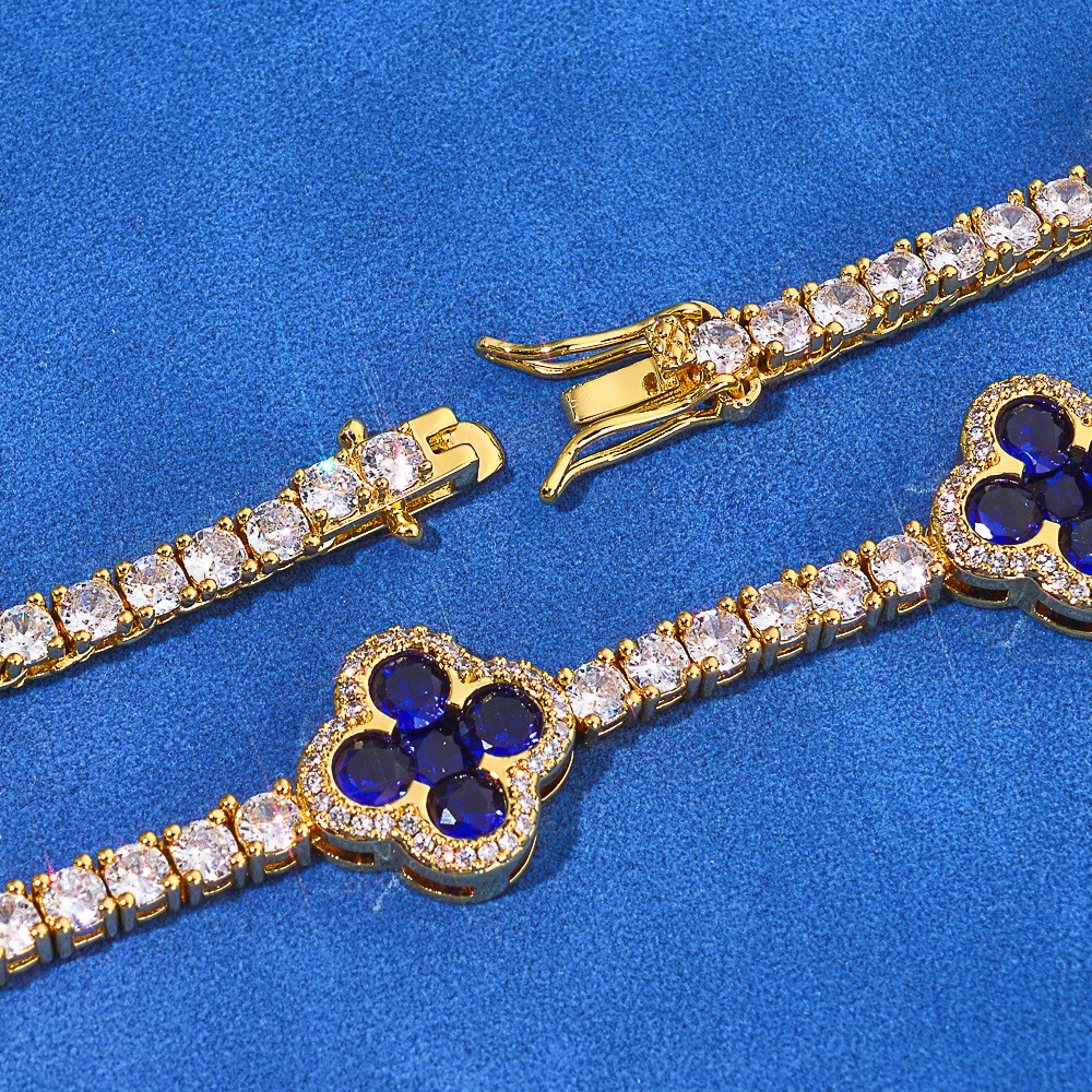 3MM White Gold Plated Four-leaf Clover Tennis Chain Choker Iced CZ Out Bracelet