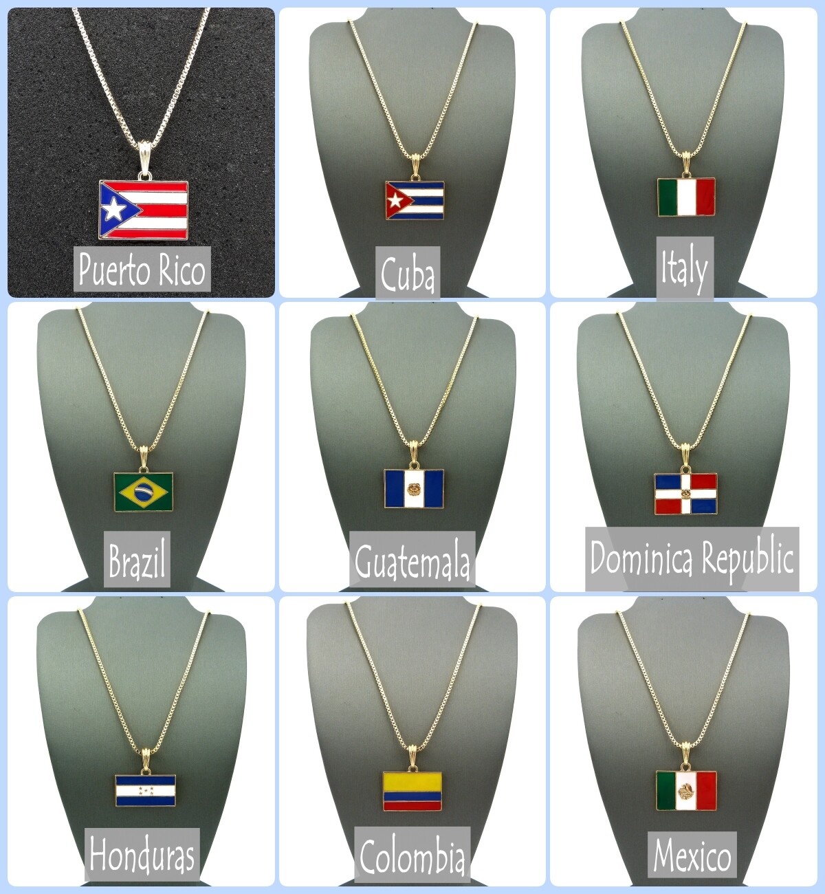 Nation Flag, Country Flag Pendant 2mm 18″,20″24″ Box Chain Necklace