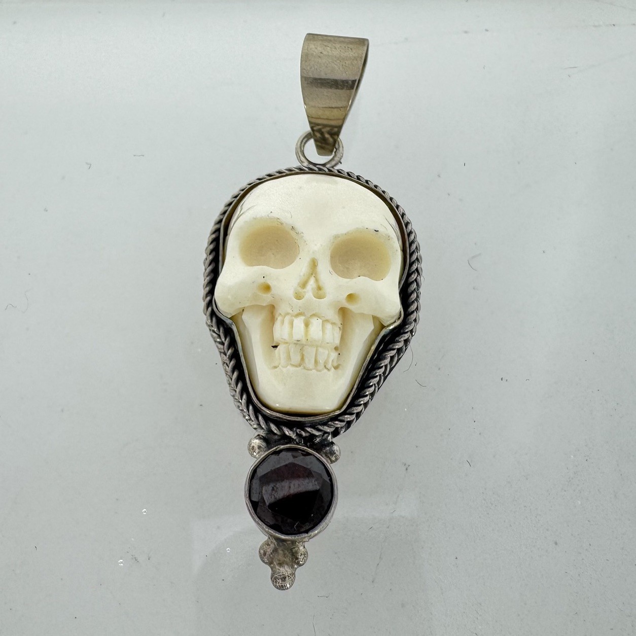 Sterling Silver Skull Carved Bovine None W/ Garnet Pendant 1.75”