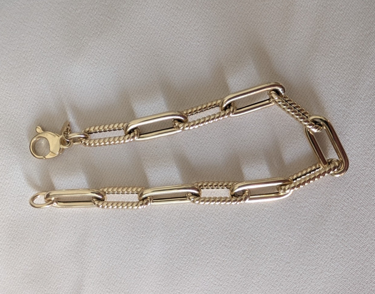 14K Yellow Gold Polished and Textured Paperclip Link Bracelet 8″ 6.82g Hollow