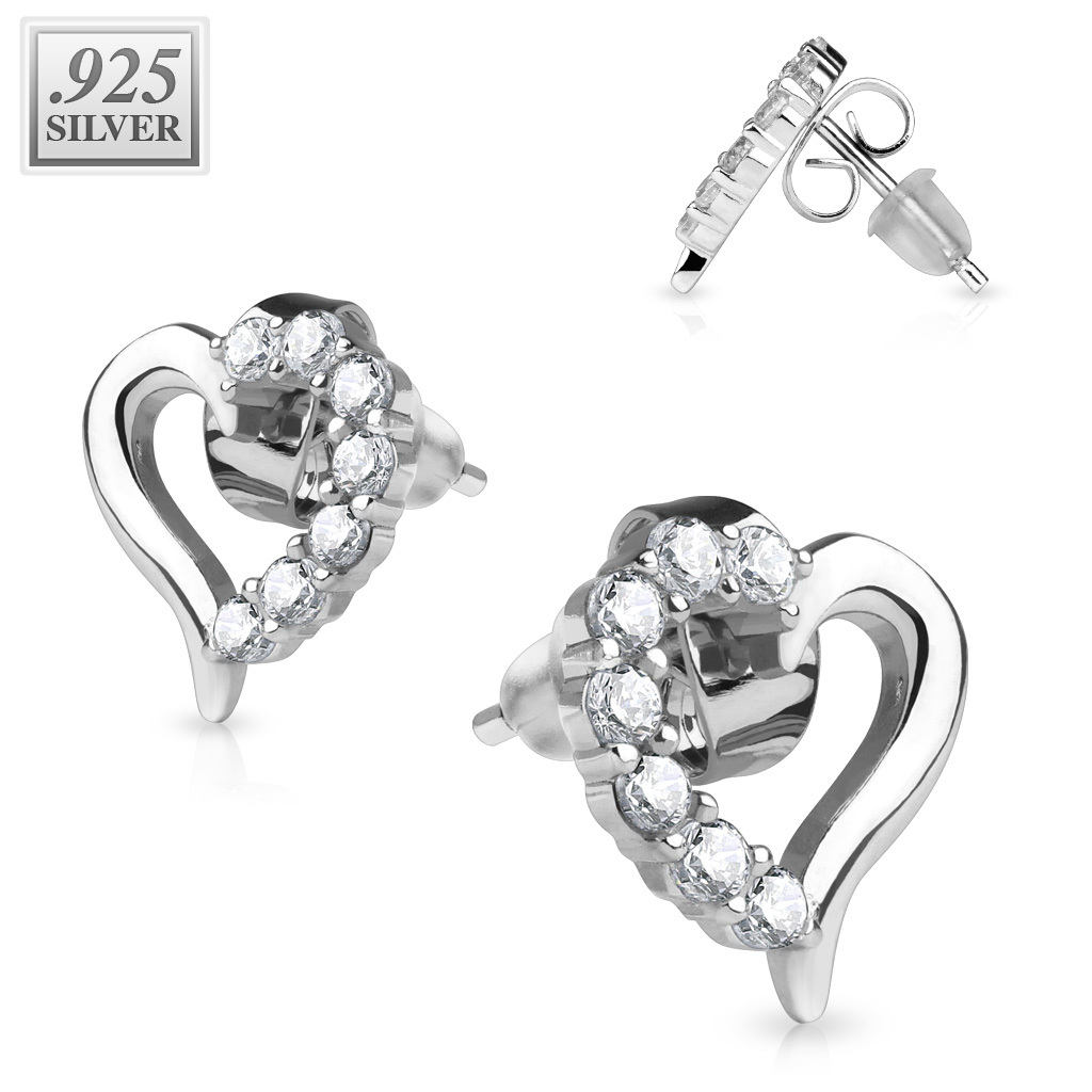 Pair of .925 Sterling Silver Prong Set CZ Heart Ear Studs Earrings 20g (0.8mm)