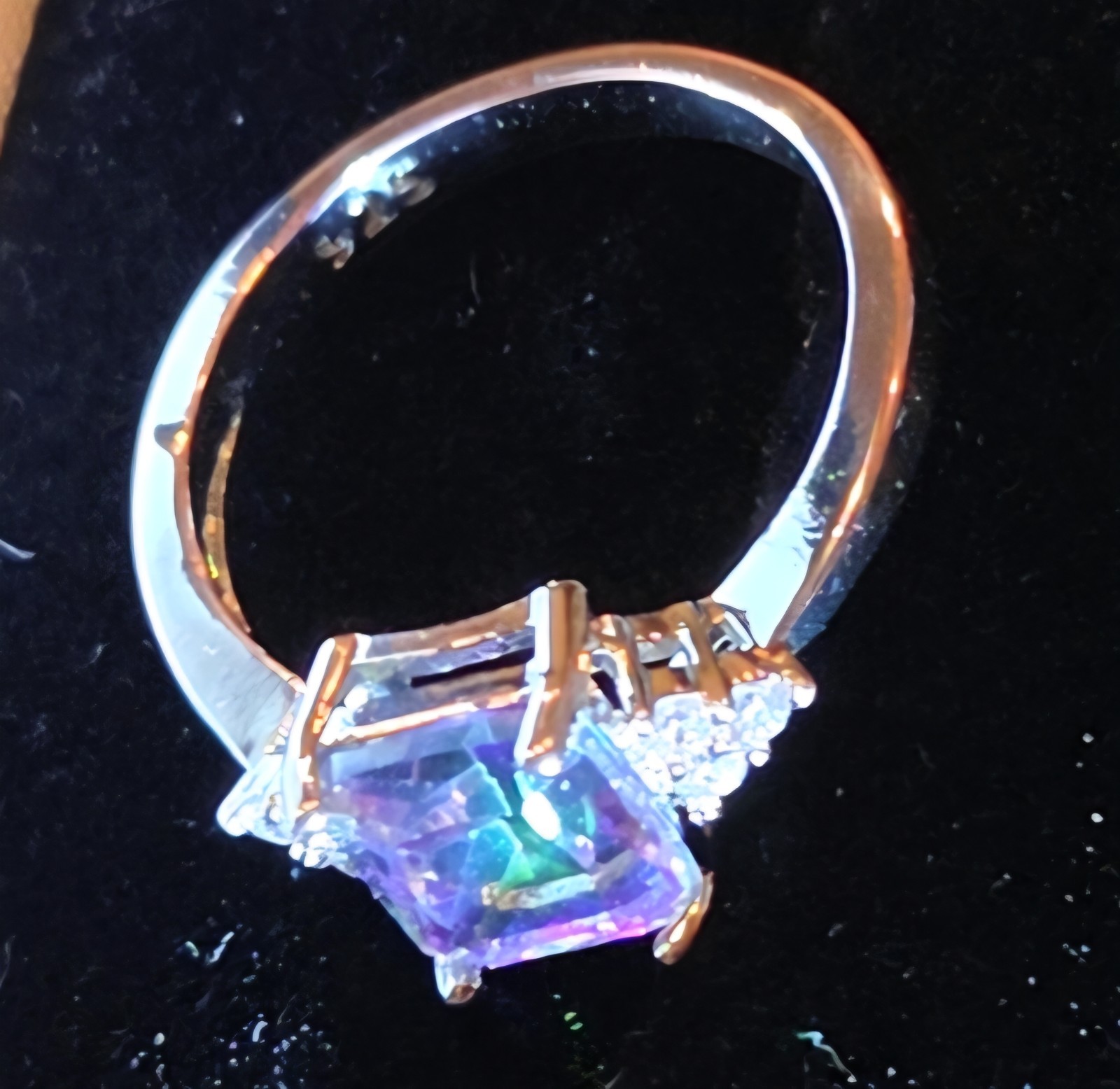 Sterling 925 Emerald Cut Multi Mystic Topaz Size 7 Ring w/6 Clear Accent Stones