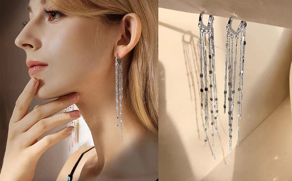 Long Tassel Dangle Drop Earrings for Woman Tassel Dangling Earrings 925 Silver