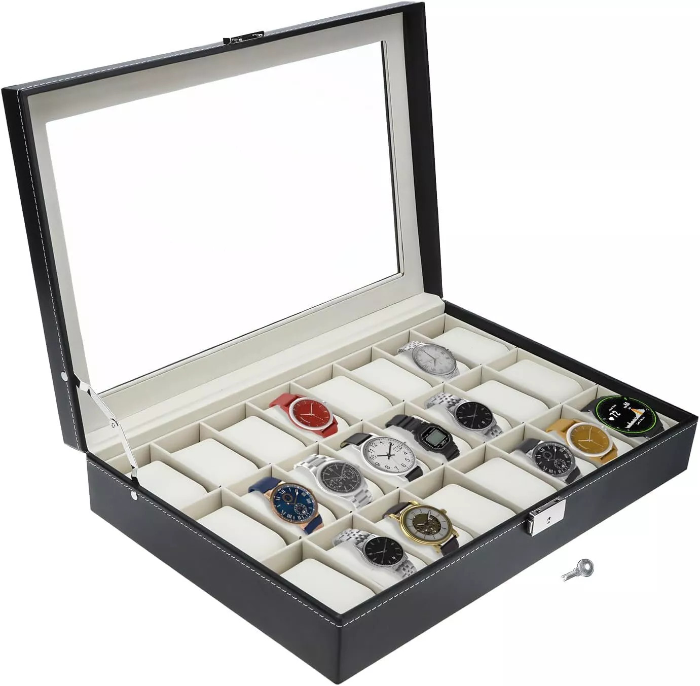 24 Slots Watch Box PU Leather Watch Case Organizer Display Watch Cabinet Black