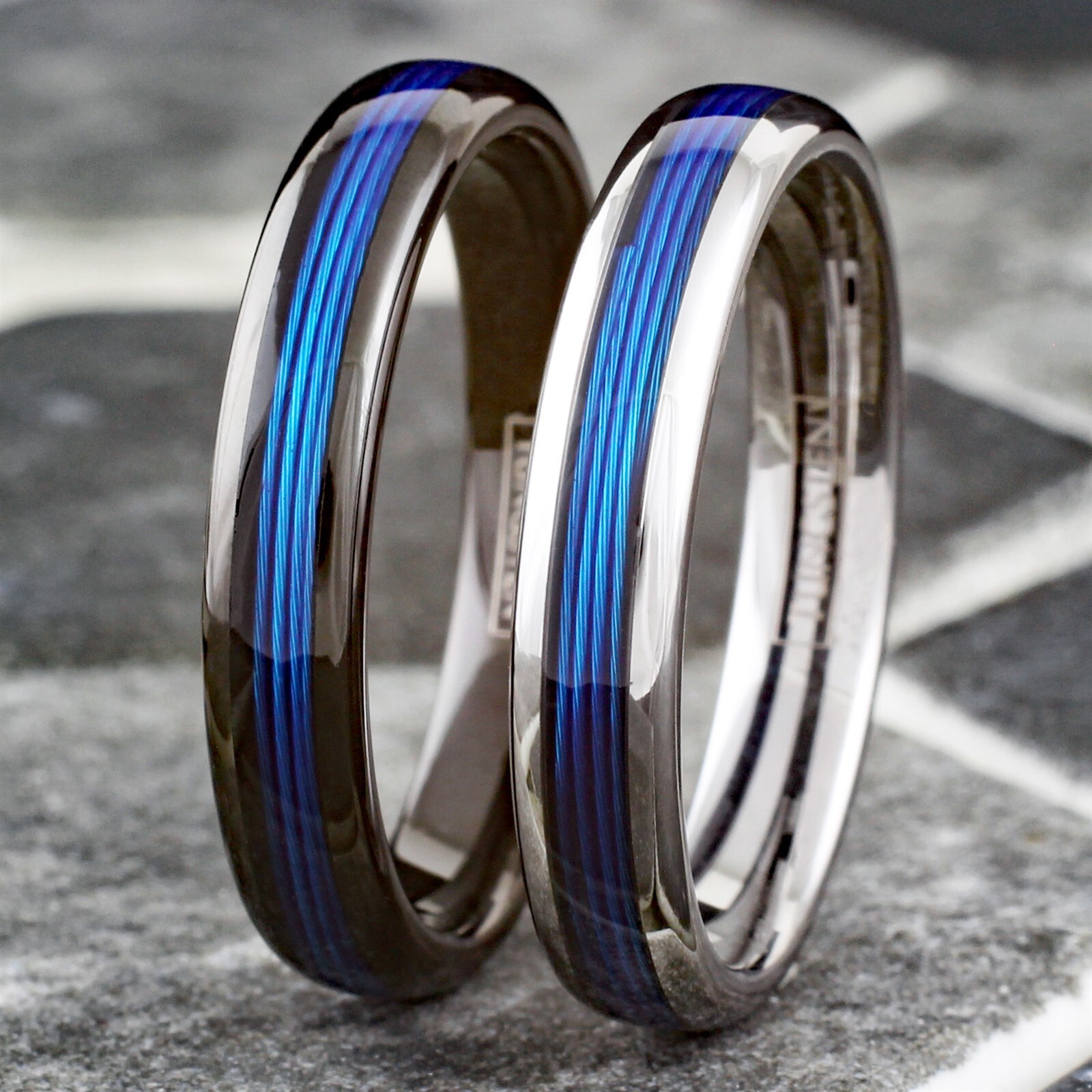 Tungsten Carbide Blue Fishing Line Thin Plain Band – Black or Silver