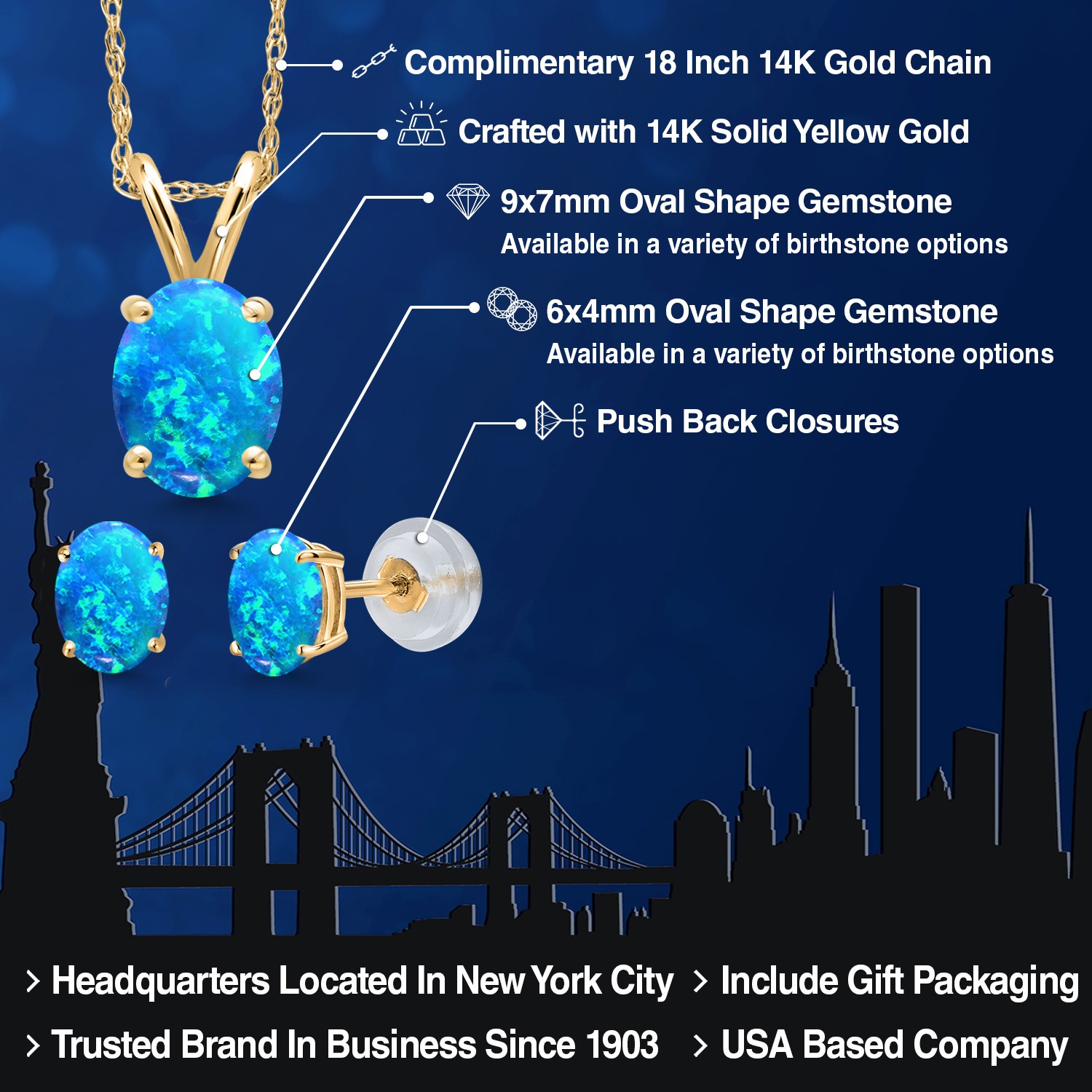 14K Yellow Gold Simulated Blue Opal Pendant Earrings Jewelry Set For Women |