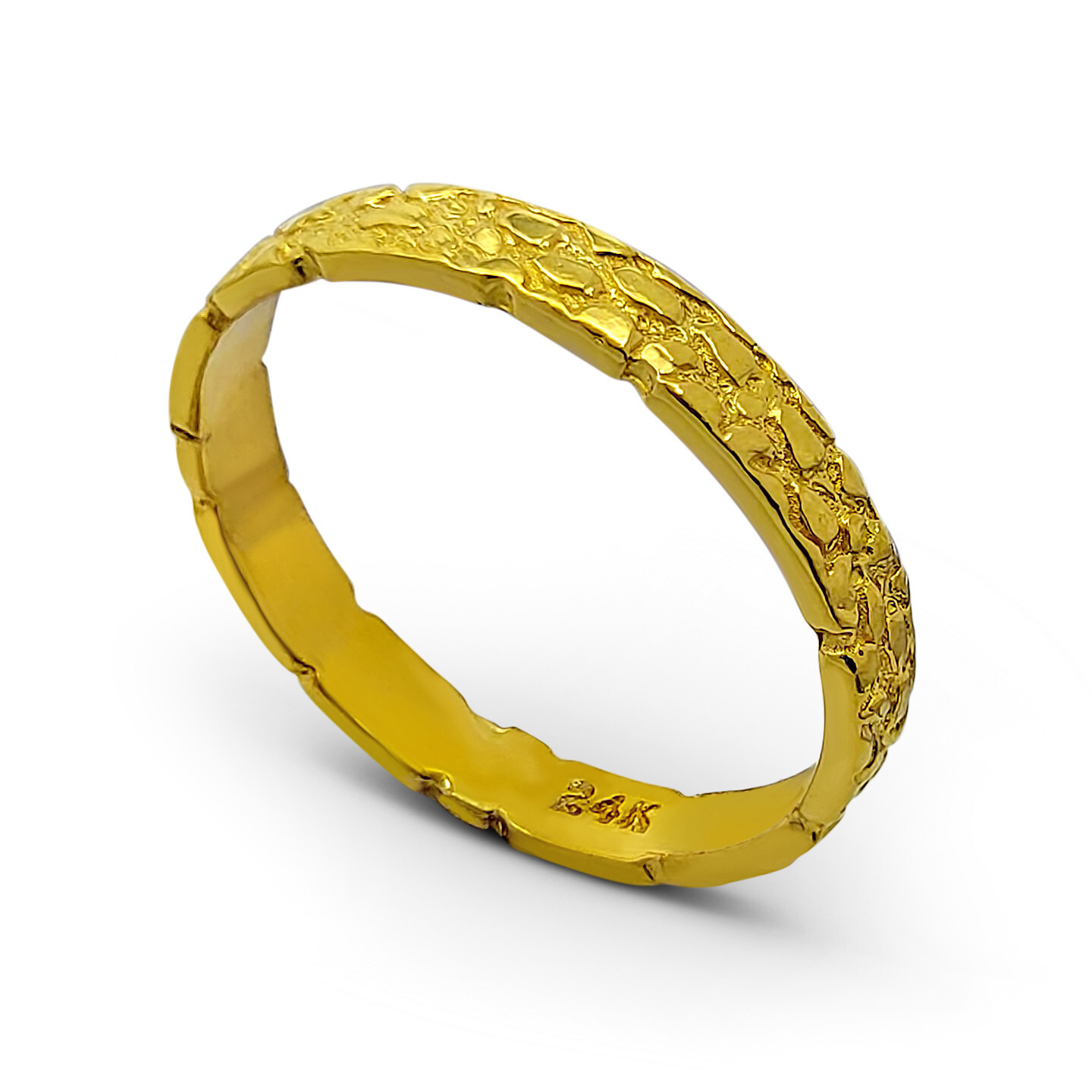 Solid 24K Yellow Gold Nugget Band, 3mm Gold Nugget Ring, Size 5 – 11