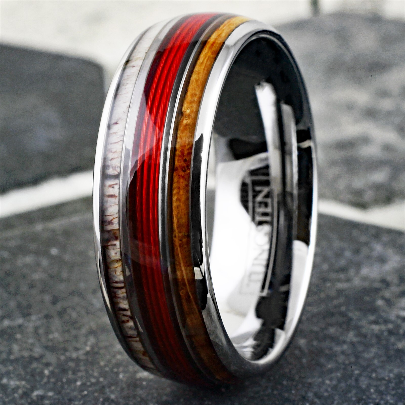 Tungsten Carbide Men’s Ring Red Fishing Line-Whiskey Barrel & Deer Antler Band