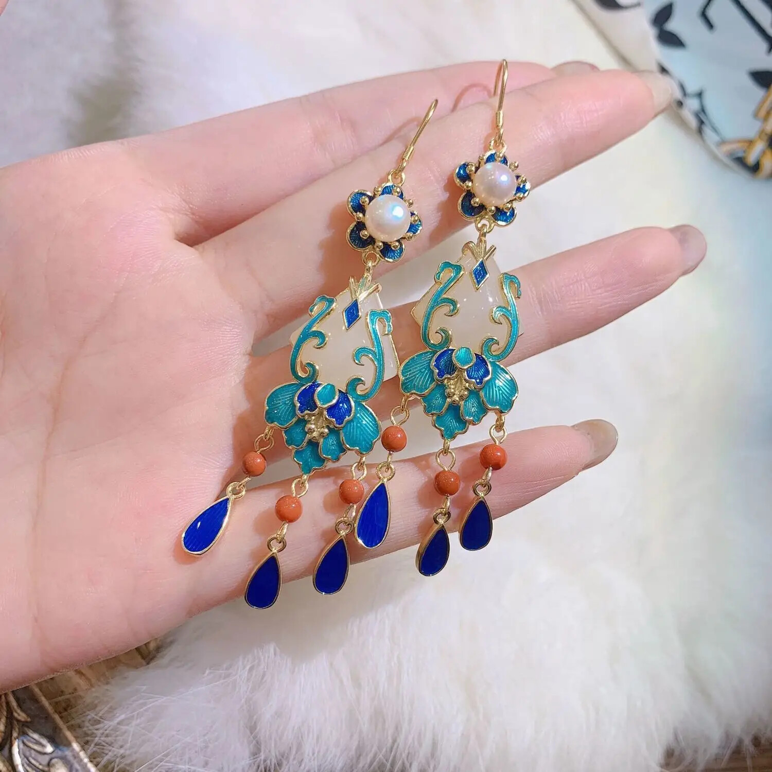 Gold Plated Cloisonne Natural Jade Palace Antiquity Temperament Tassel Earrings