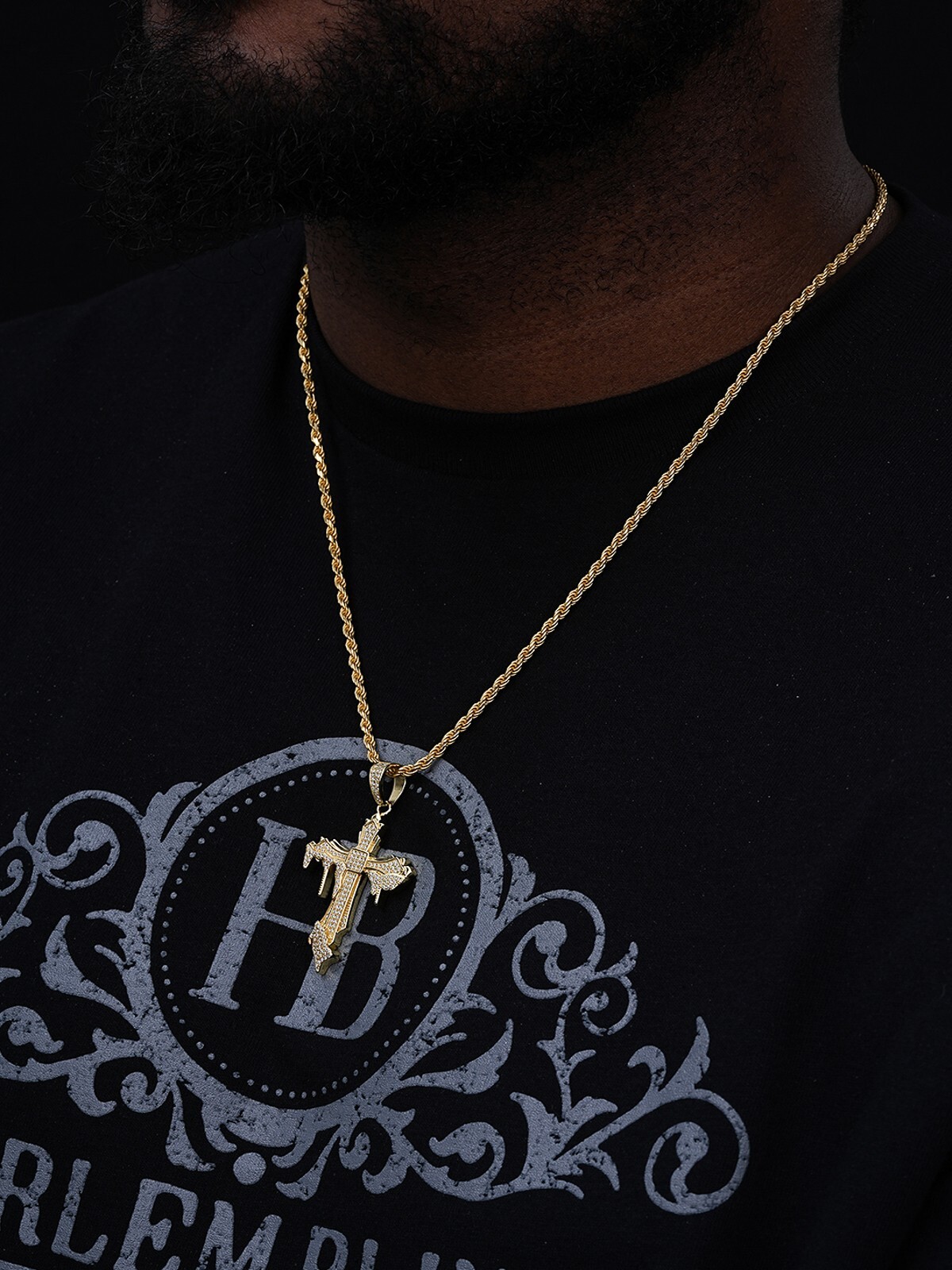 Solid 925 Sterling Silver Gold Plated Dripping Cross Mens Icy Pendant Flooded CZ