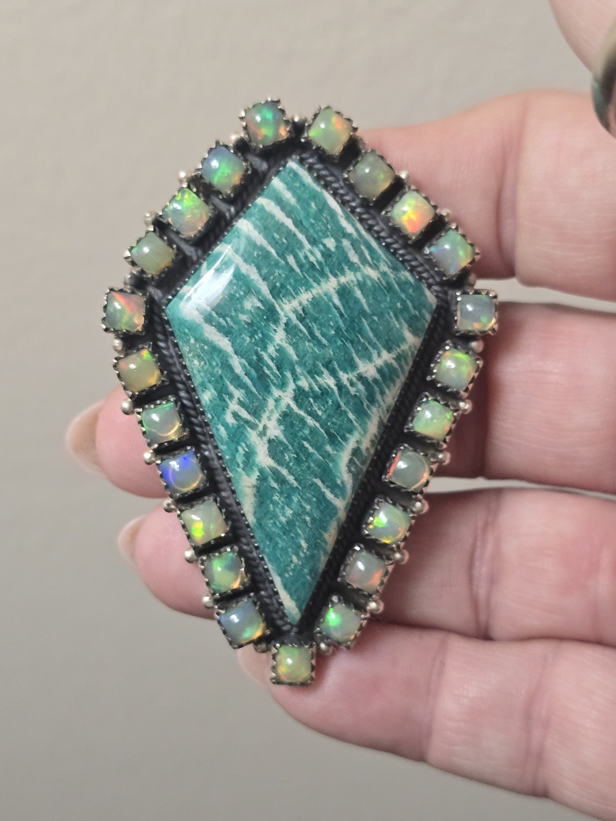 Massive Amazonite & Opal Gemstone Sterling Silver Adjustable Kite Ring