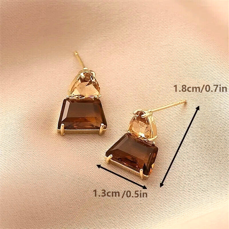 14K Gold Plated Vintage Luxury Copper Earrings Brown Sparkling Rhinestone Women