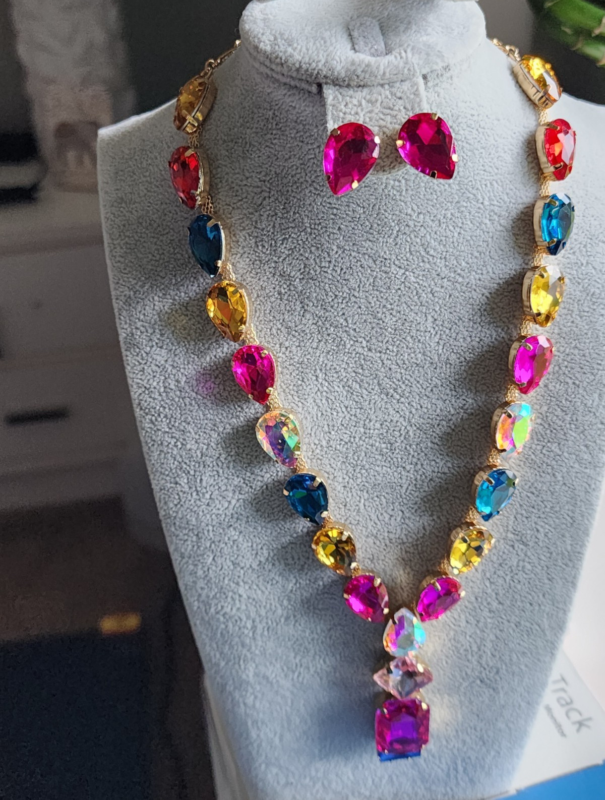 Multicolor Crystal Teardrop Necklace A& Earrings Set, Gold Plated