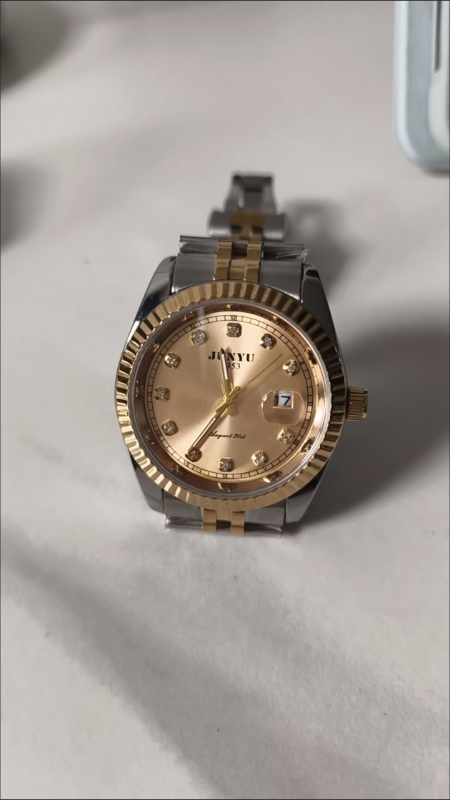 JUNYU 1953 Automatic Luxury Watch Gold Dial Diamond Markers Two Tone Datejust